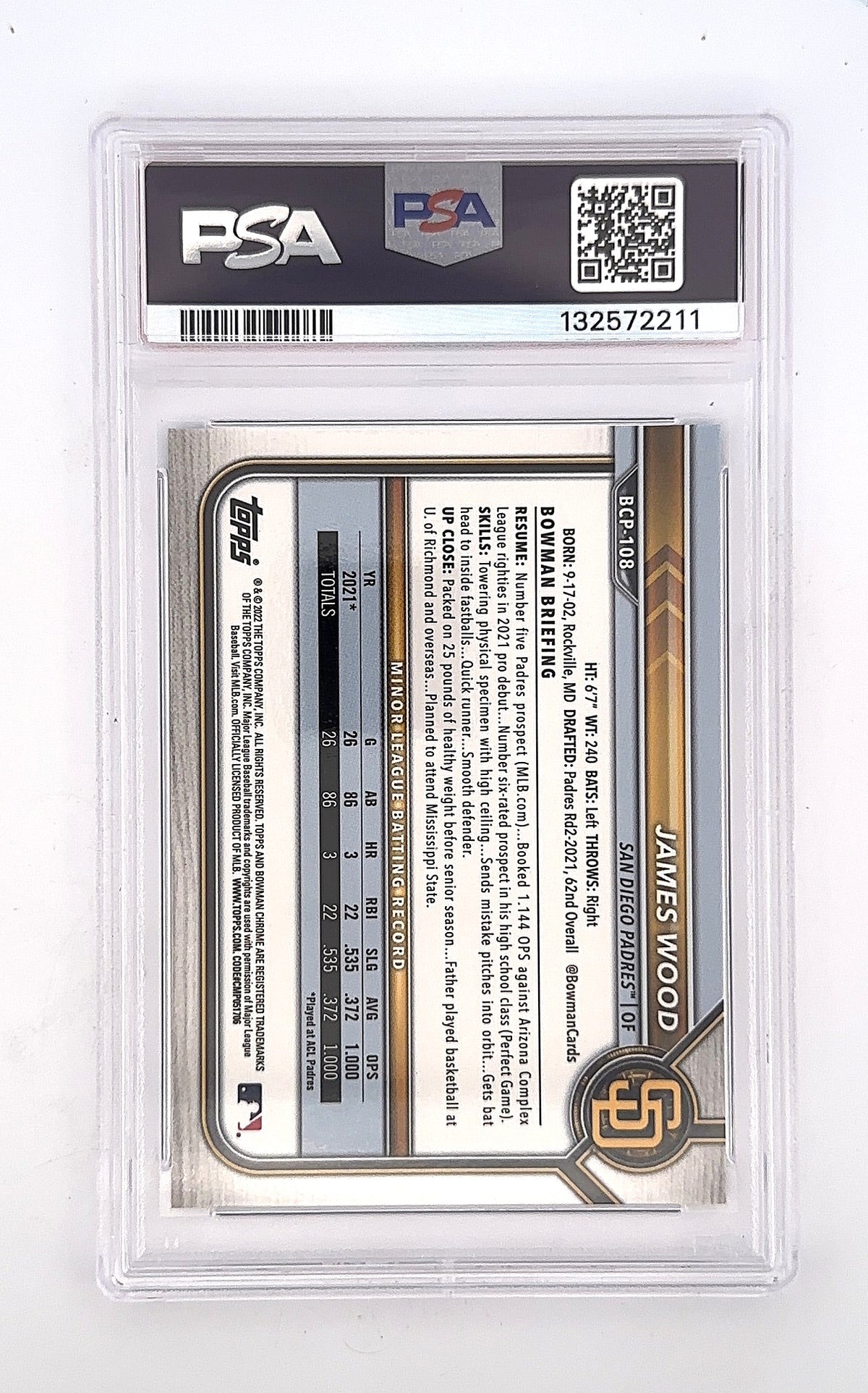 2022 Bowman Chrome Prospects James Wood [Blue Shimmer Refractor] #BCP-108 PSA 10 — back