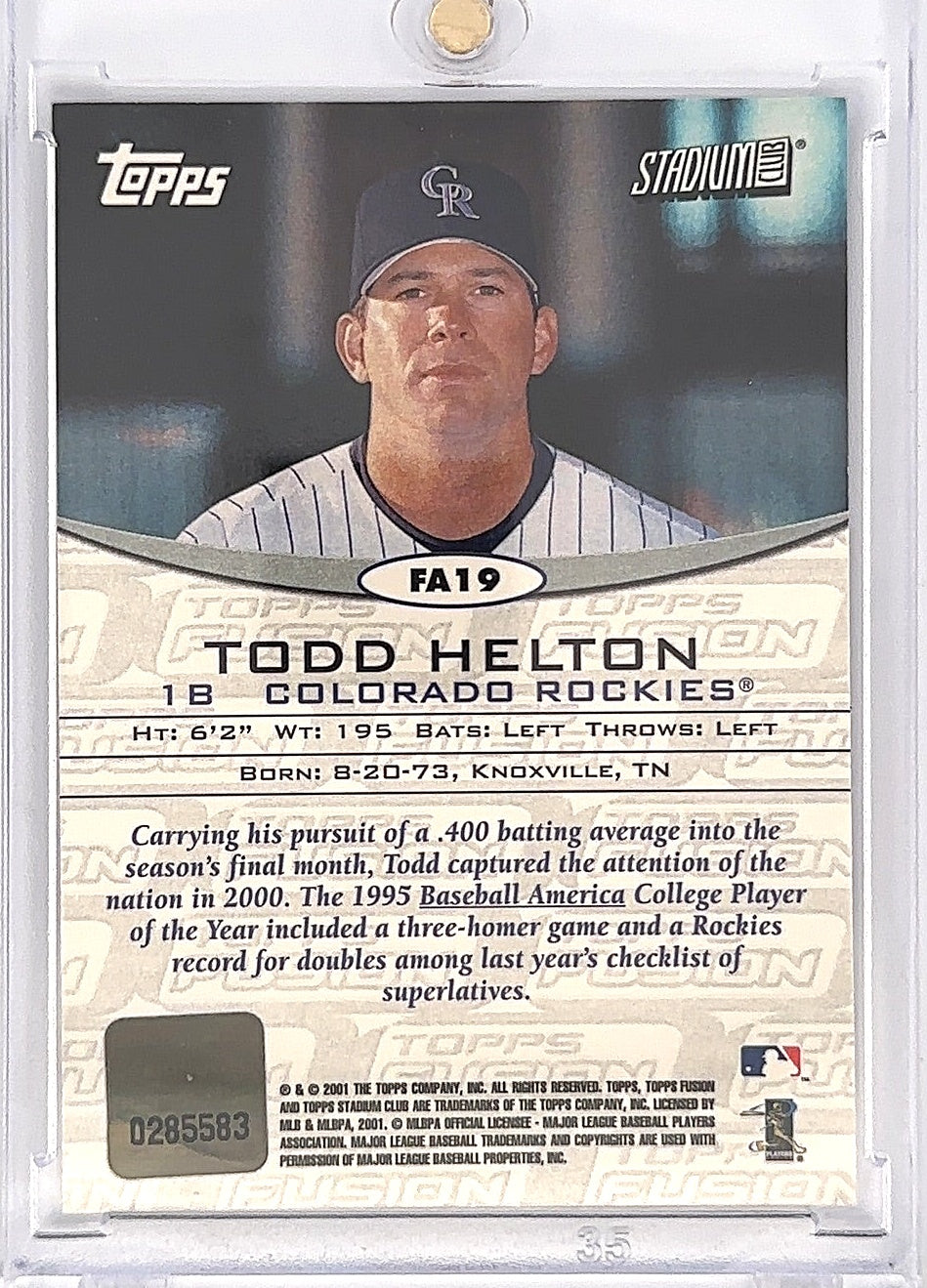 2001 Todd Helton Topps Fusion Auto #FA19 — back