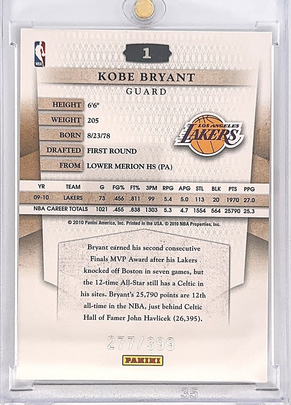 Kobe Bryant 2010 Timeless Treasures/399 — back