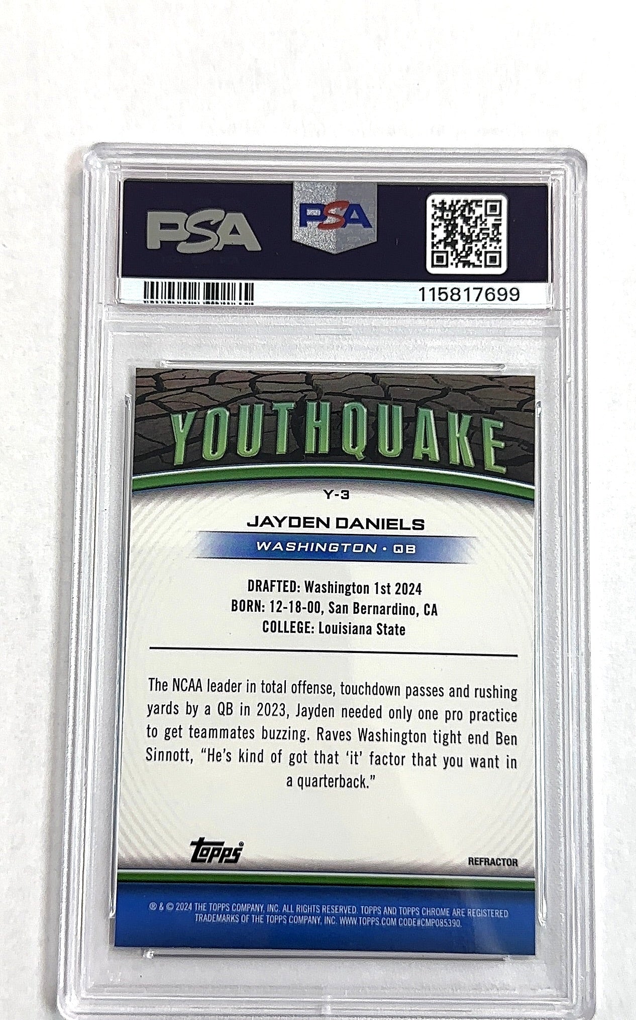 2024 Topps Chrome Youthquake Jayden Daniels [Refractor] #Y-3 RC PSA 10 — back