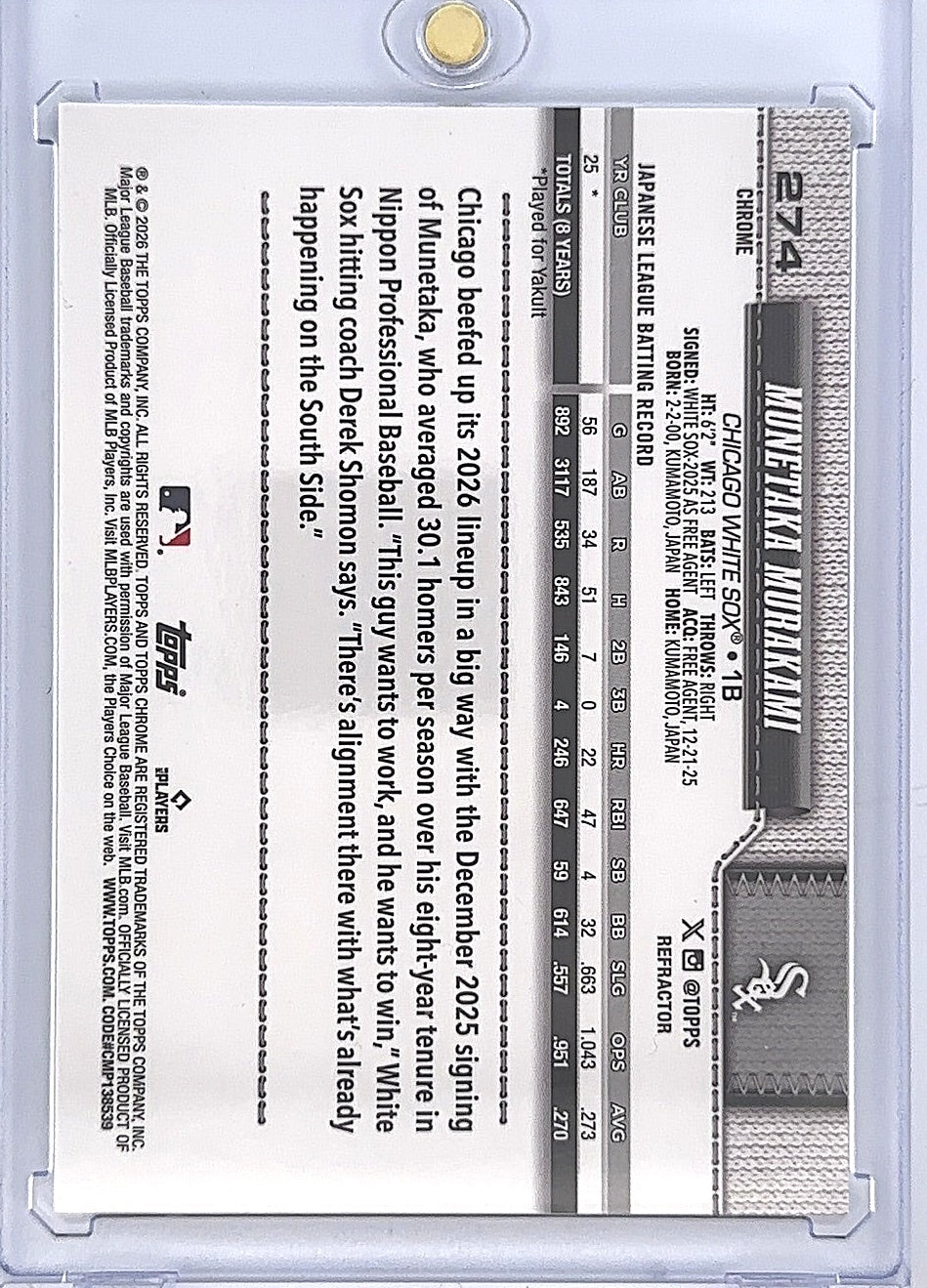Munetaka Murakami Topps Chrome Rookie #274 — back