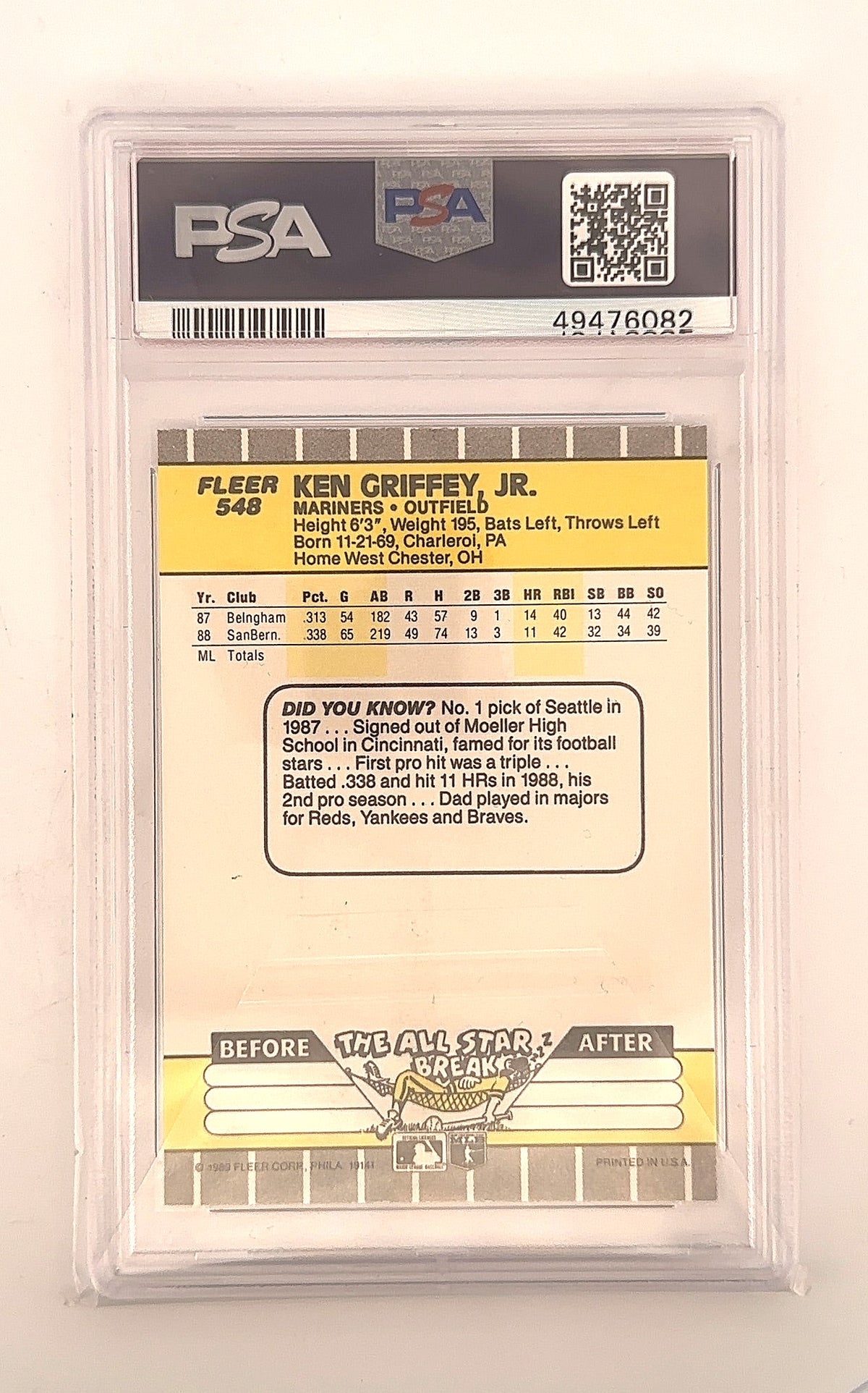 1989 Fleer Ken Griffey Jr. #548 PSA 8 — back