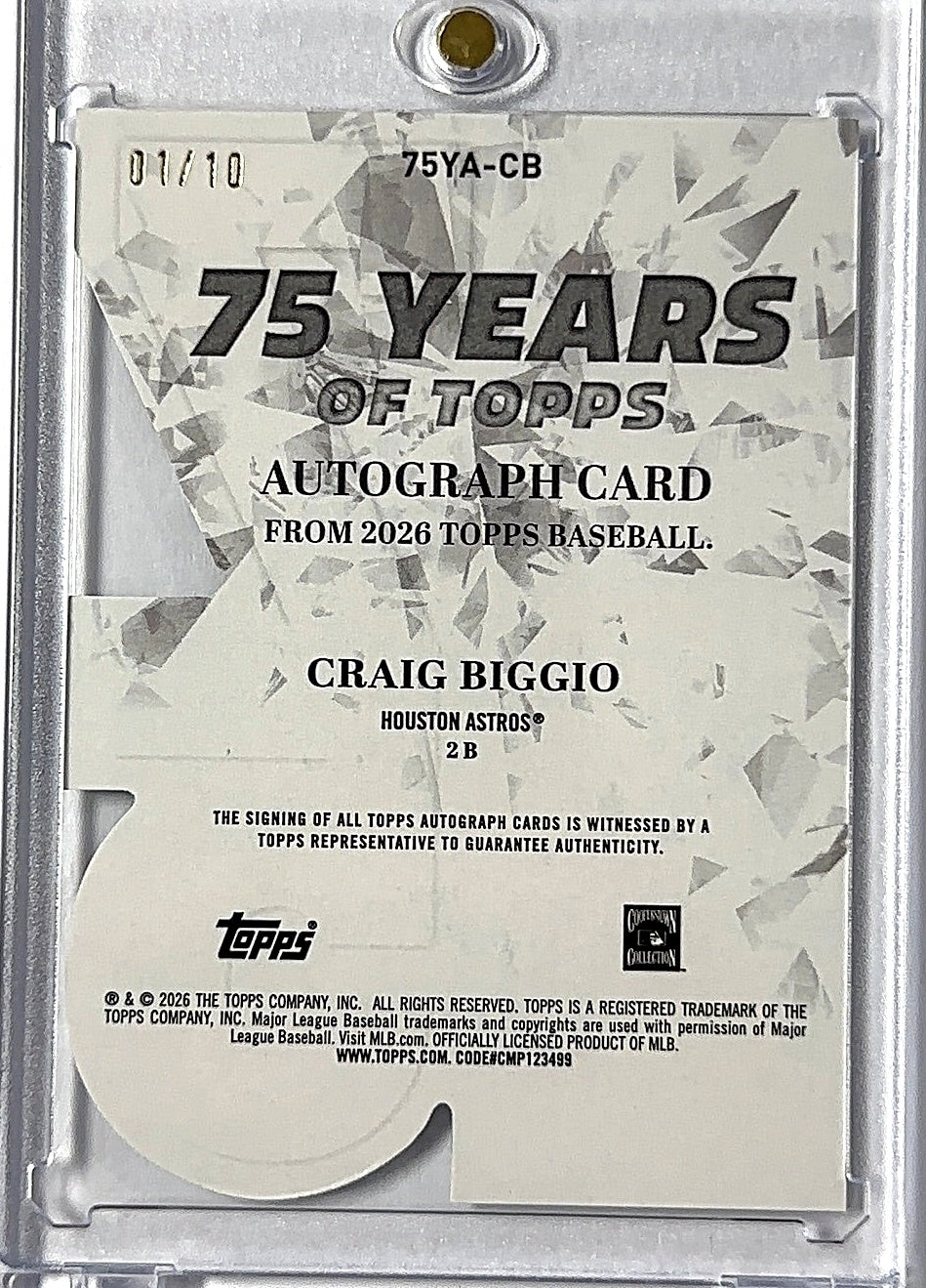 2026 Topps 75 Years Of Topps Die-Cut Autograph Craig Biggio [Black] #75YA-CB AUTO — back