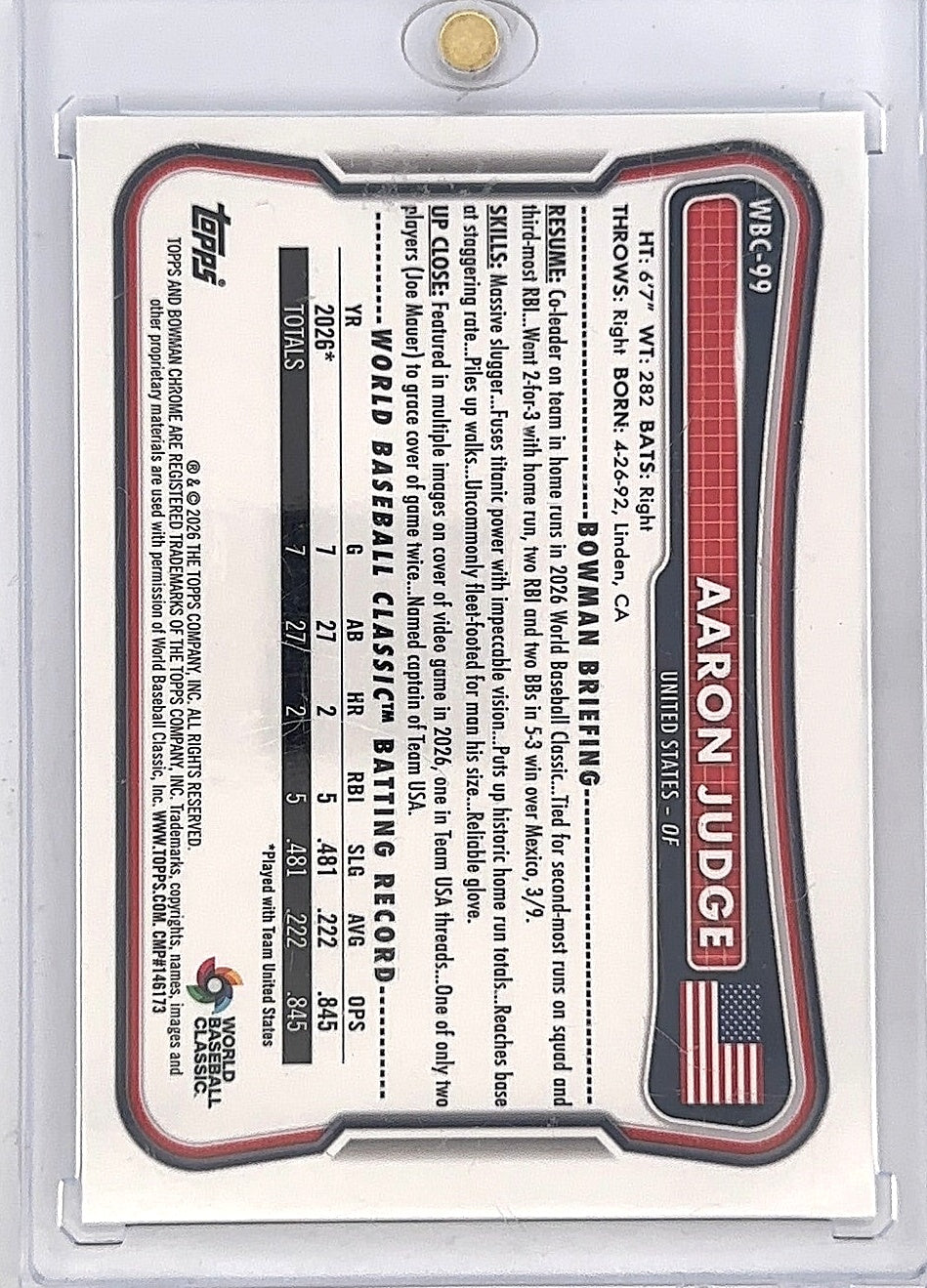 2026 Bowman Chrome WBC Flag Aaron Judge [Blue] #WBC-99 096/150 — back