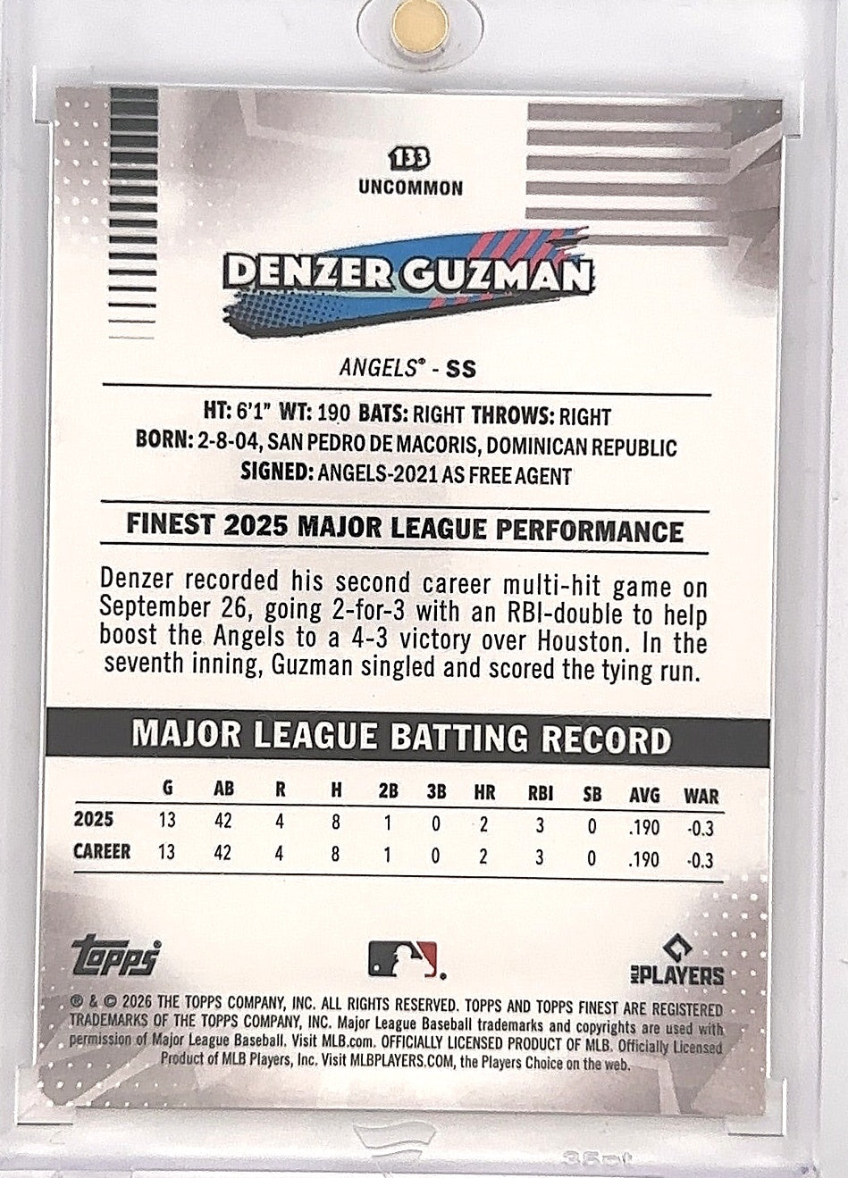 2026 Topps Finest Denzer Guzman [Black X-Fractor] #133 — back