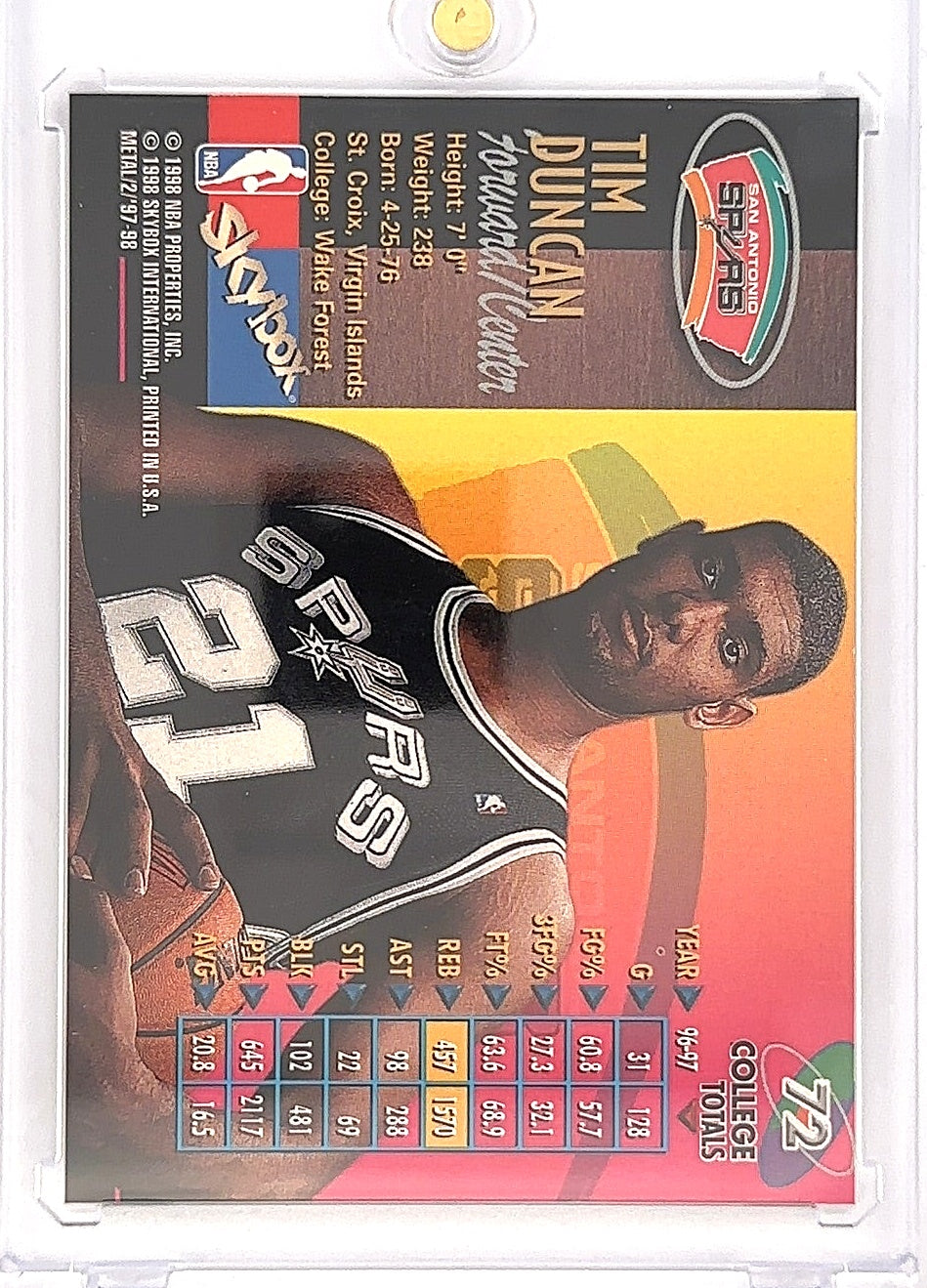 1997 Metal Universe Championship Tim Duncan #72 — back