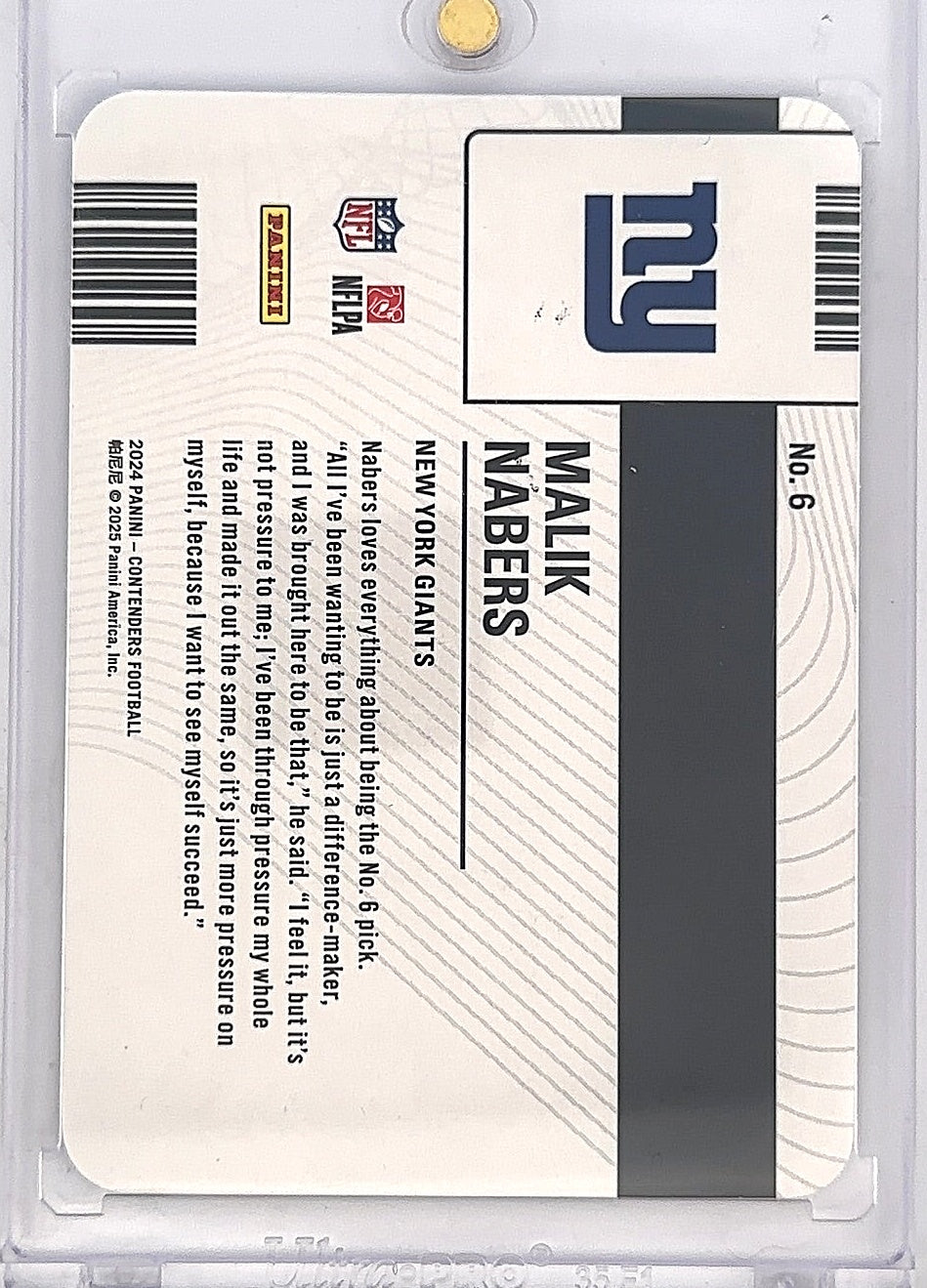 Malik Nabers Permit to Dominate Panini Contenders Rookie Card — back