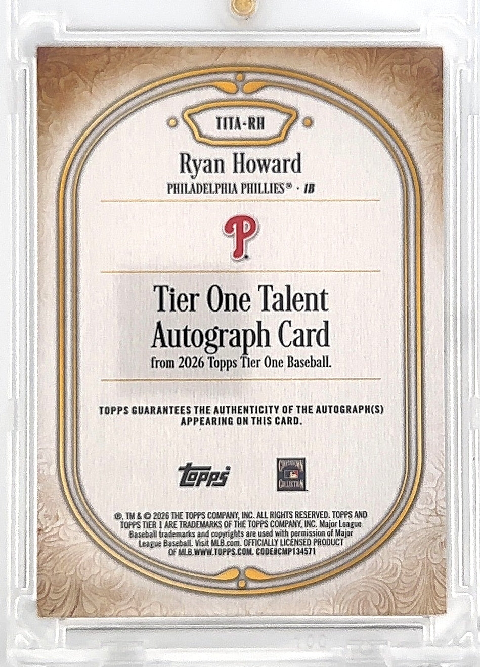 2026 Topps Tier One Talent Autograph Ryan Howard [Blue] #T1TA-RH 23/99 — back