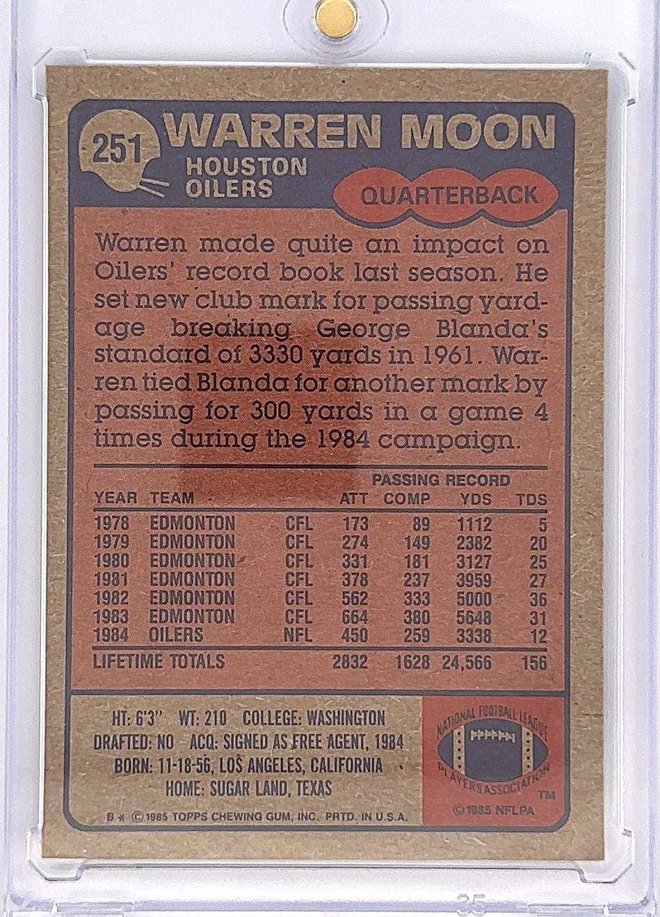 1985 Topps Warren Moon #251 — back
