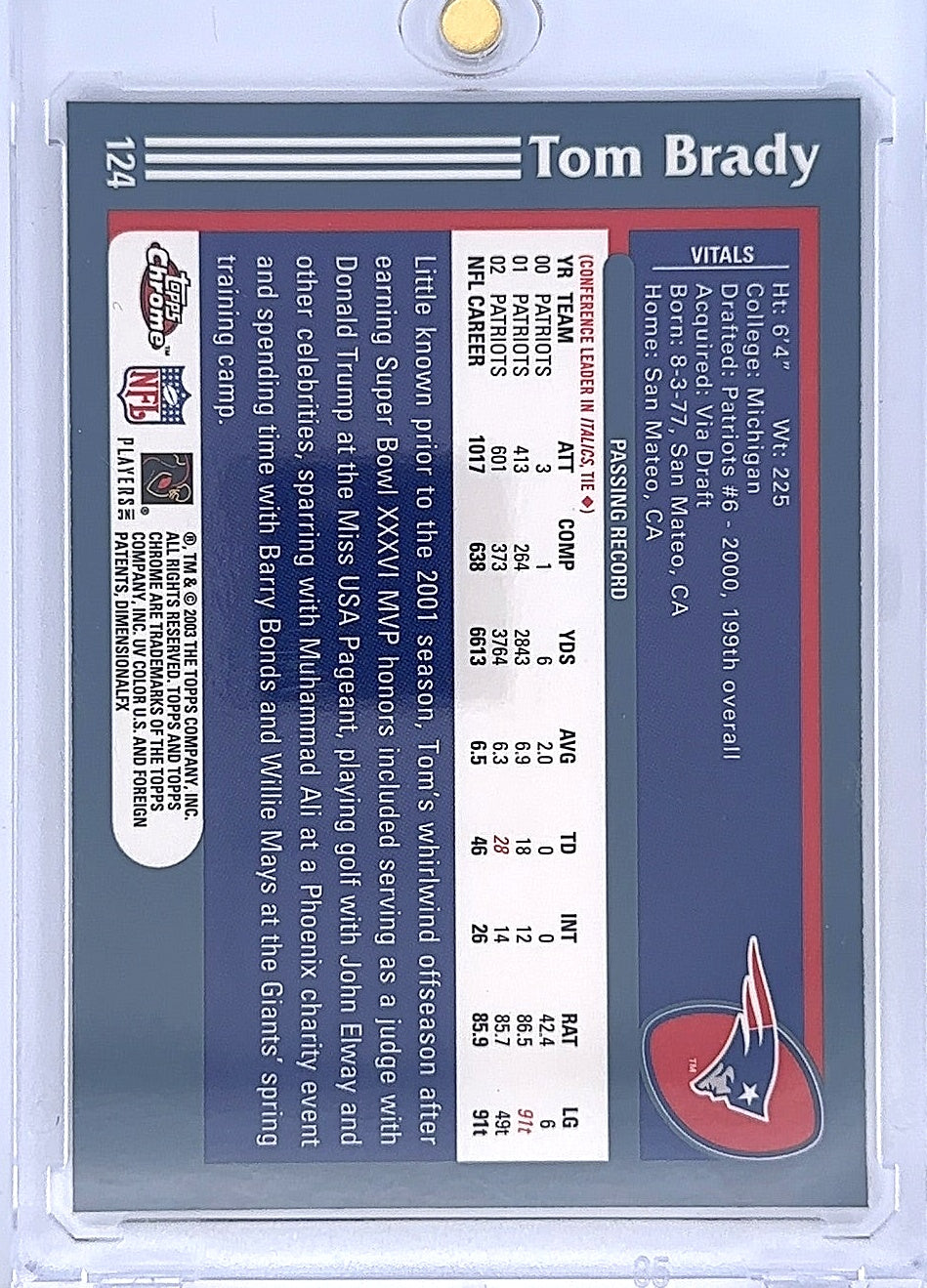 Tom Brady Topps Chrome #124 — back