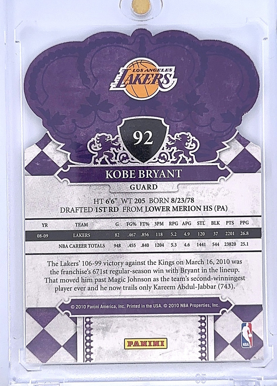 Kobe Bryant Crown Royale #92 — back