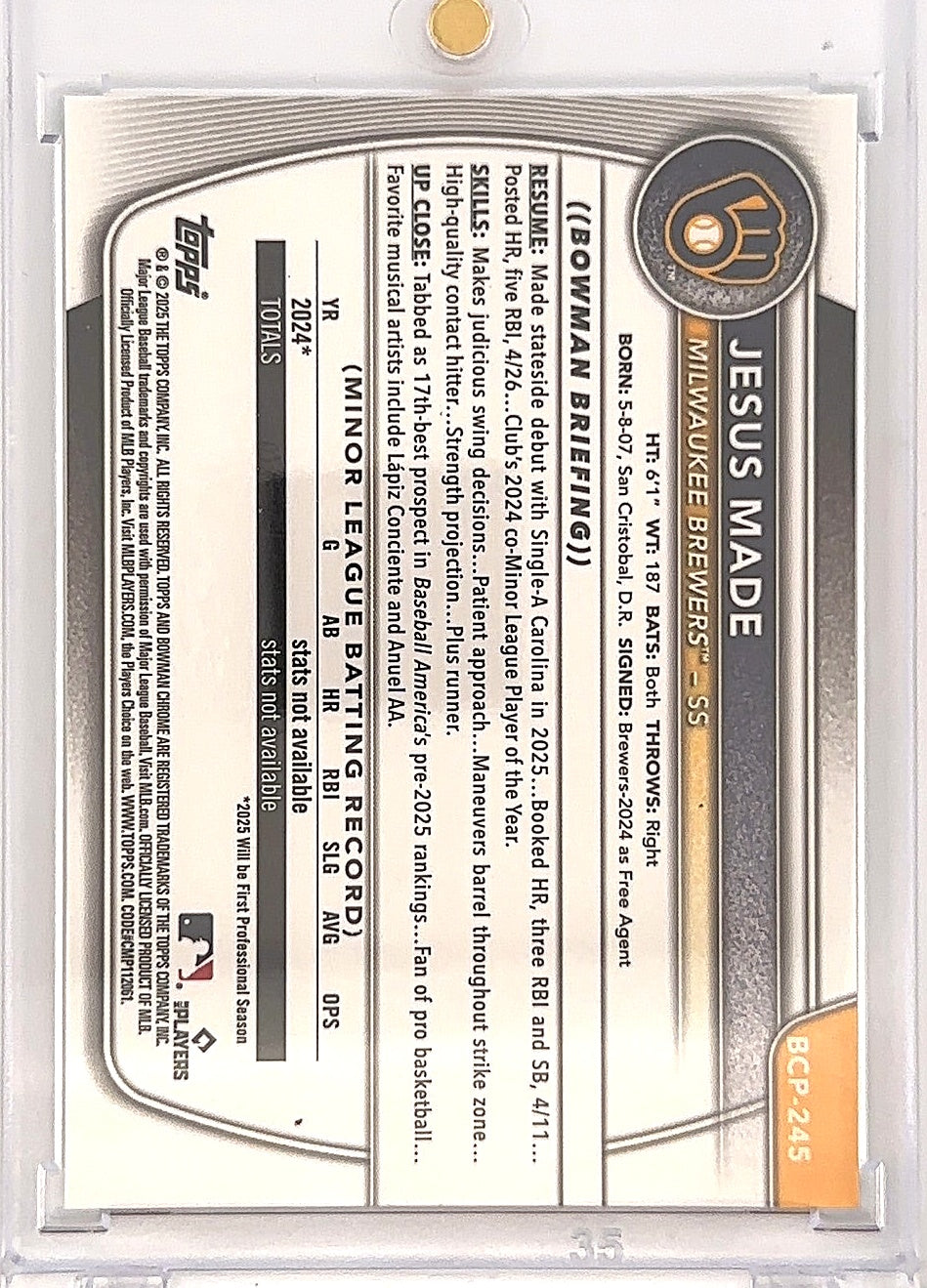 2025 Bowman Chrome Prospects Jesus Made [Reptilian Green] #BCP-245 — back