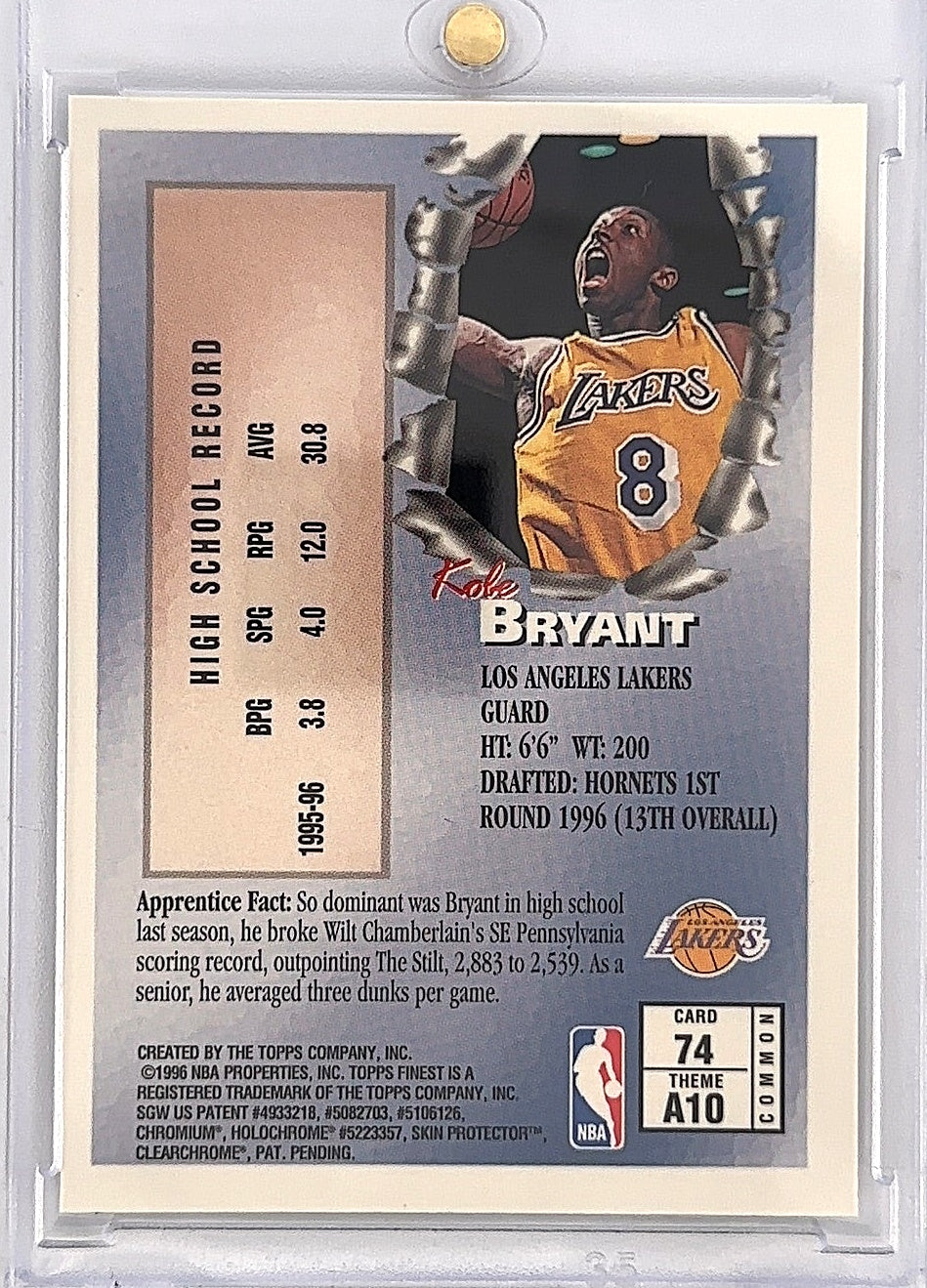 1996 Finest Kobe Bryant [w Coating] #74 — back