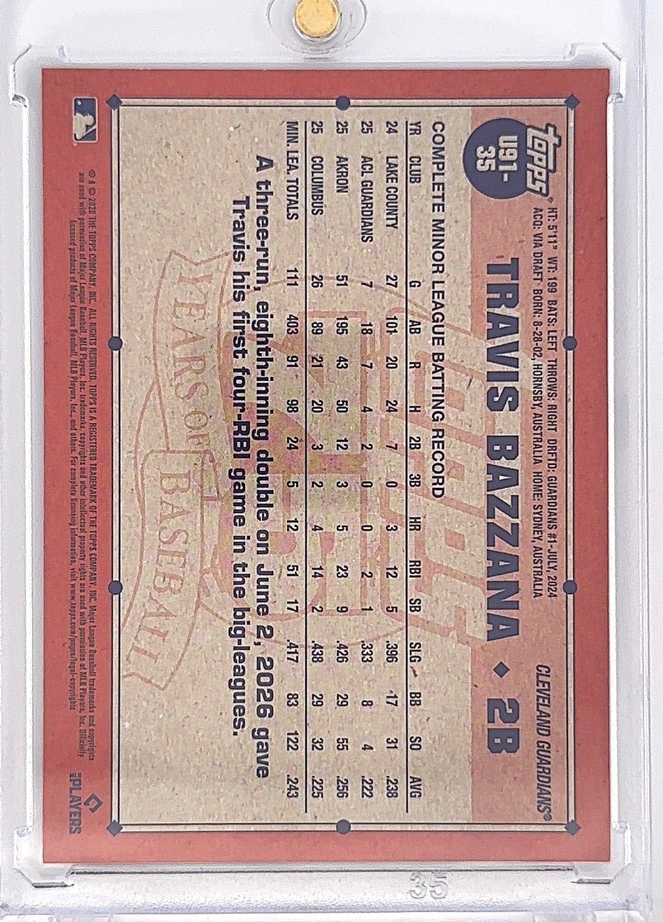 2026 Topps Update 1991 Travis Bazzana [Blue] #U91-35 — back