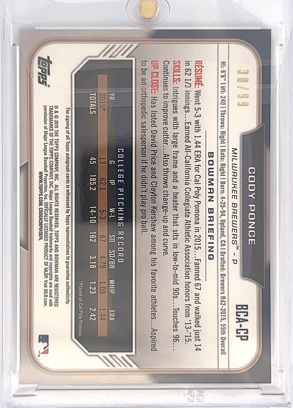 2015 Cody Ponce Bowman Chrome 1st Bowman Auto /99 [Green] BCA-CP — back
