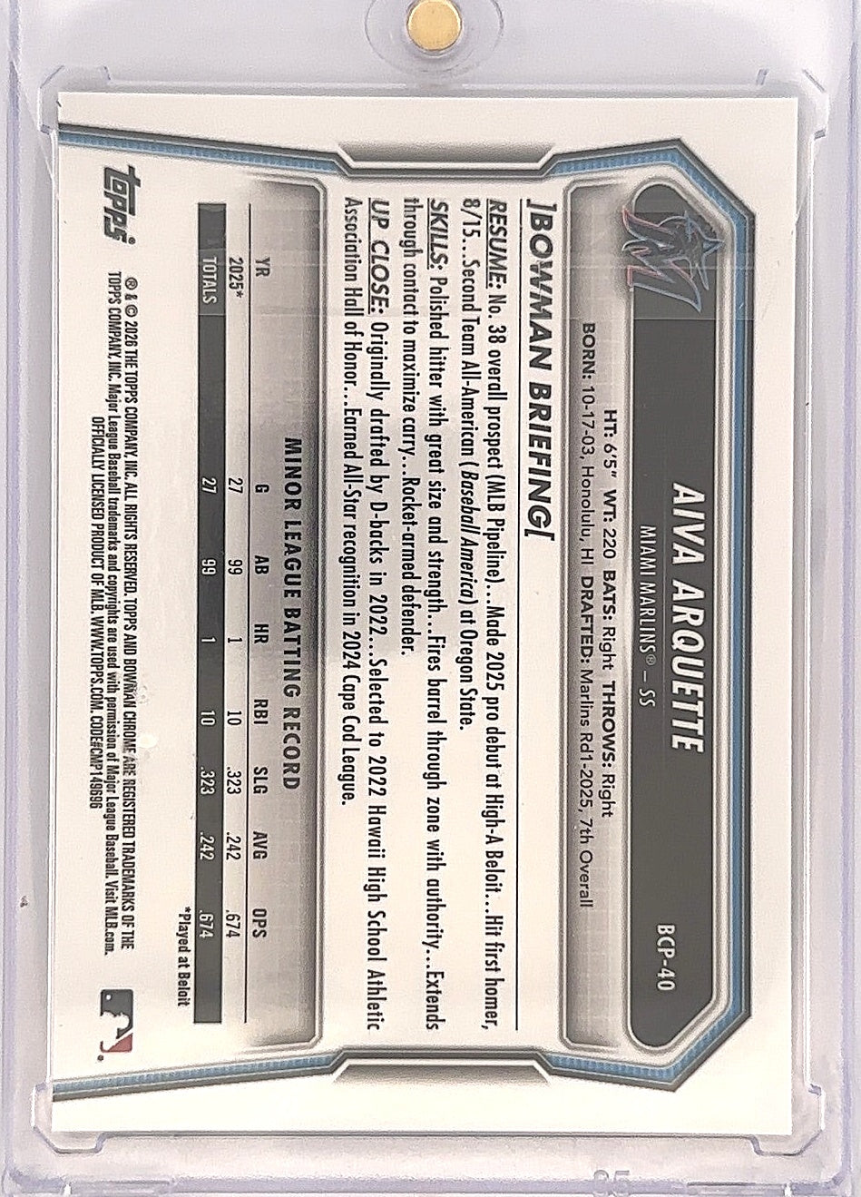 2026 Bowman Chrome Prospect Aiva Arquette [Gold Mojo Refractor] #BCP-40 — back