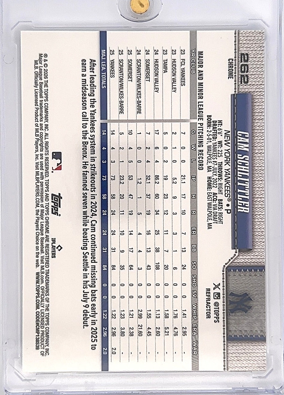 2026 Topps Chrome Cam Schlittler [Refractor] #262 — back