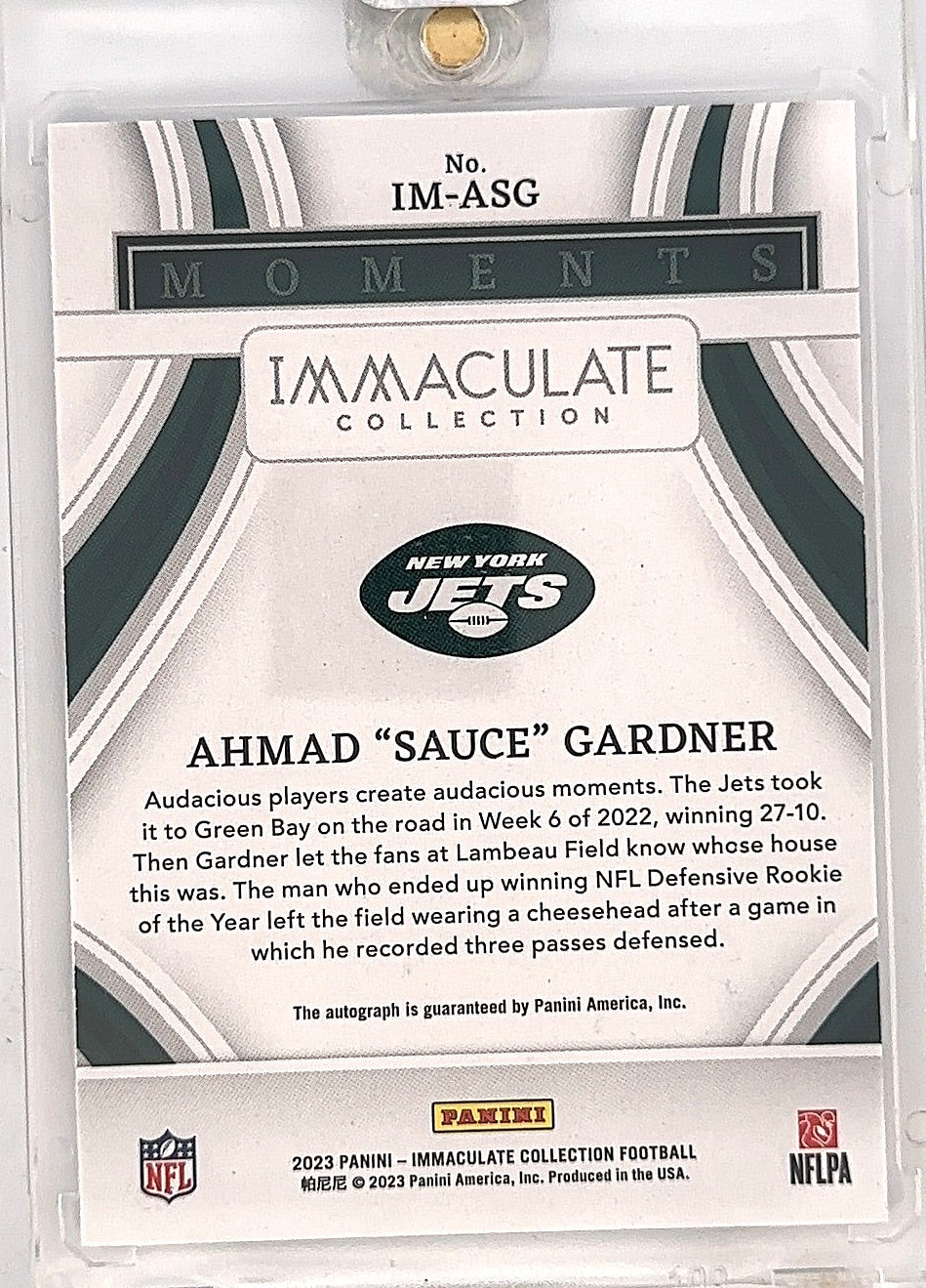 2023 Panini Immaculate Moments Autograph Ahmad “Sauce” Gardner /49 #12 — back