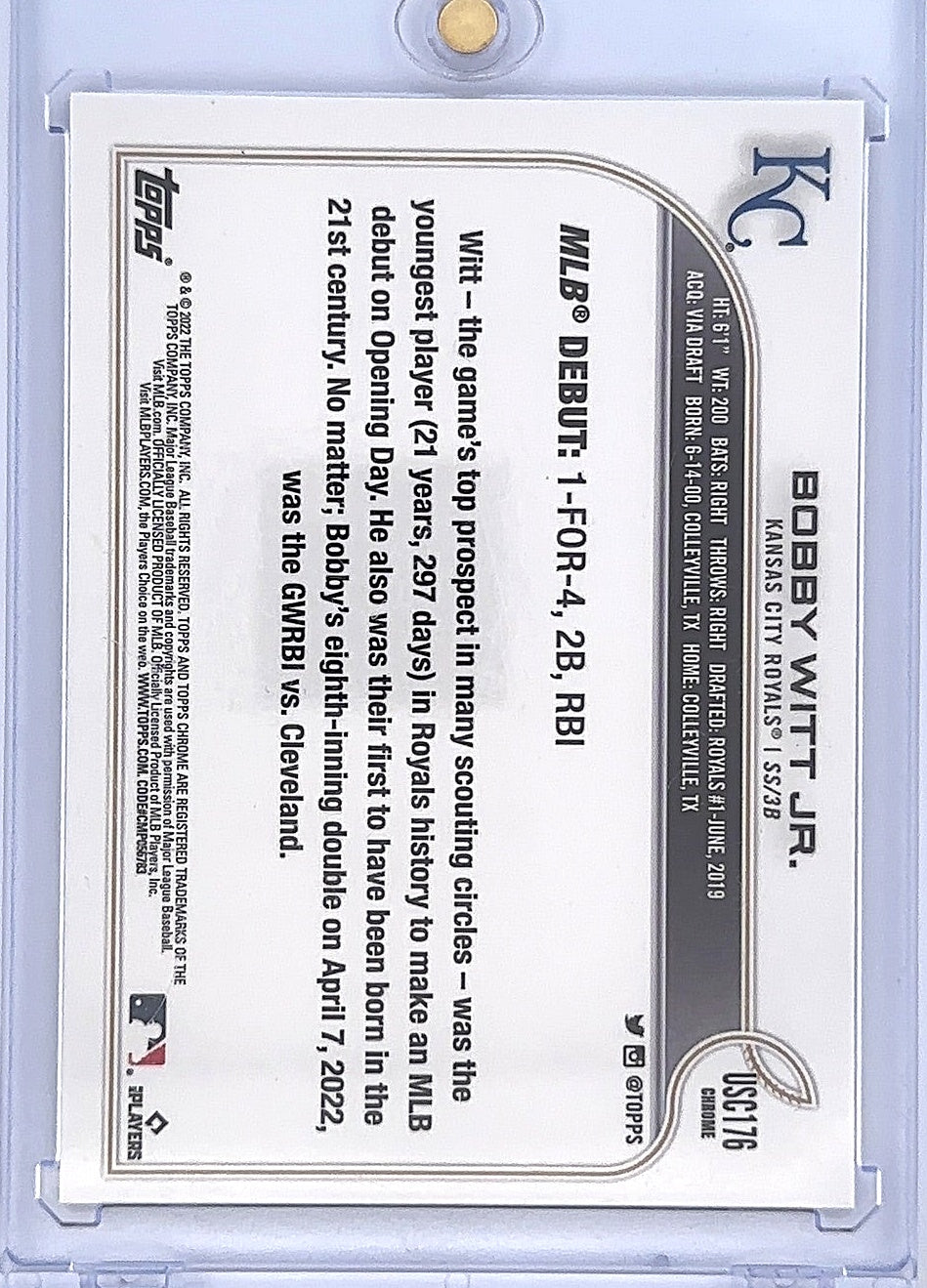 Bobby Witt Jr. Rookie Debut Topps Chrome #USC176 — back