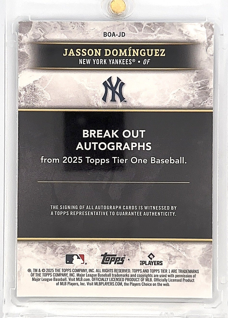2025 Topps Tier One Break Out Autograph Jasson Dominguez /25 [Holo Platinum Blue Foil] #BOA-JD — back