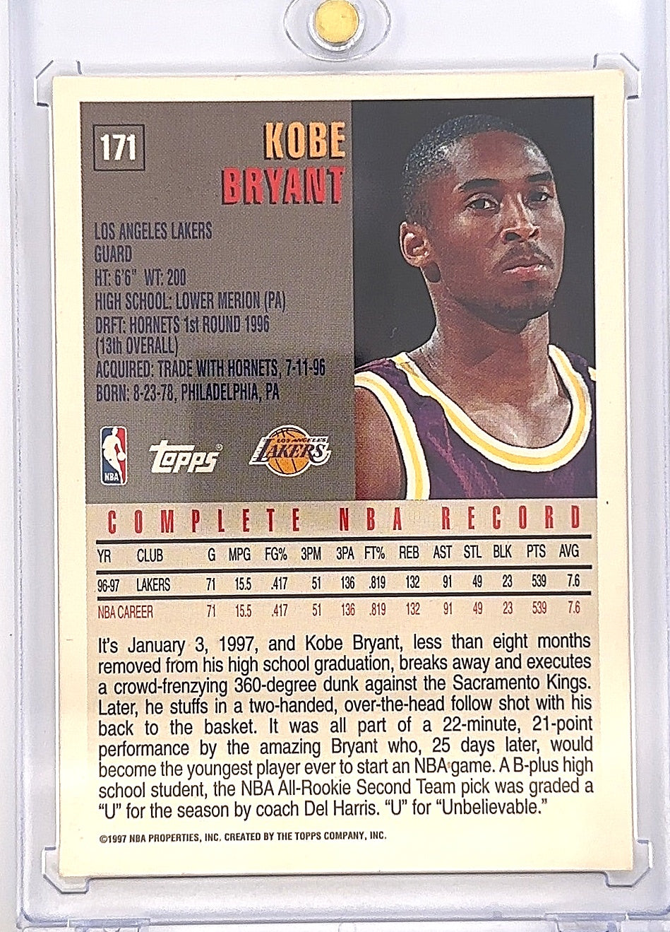 Kobe Bryant Topps 1997 #171 — back