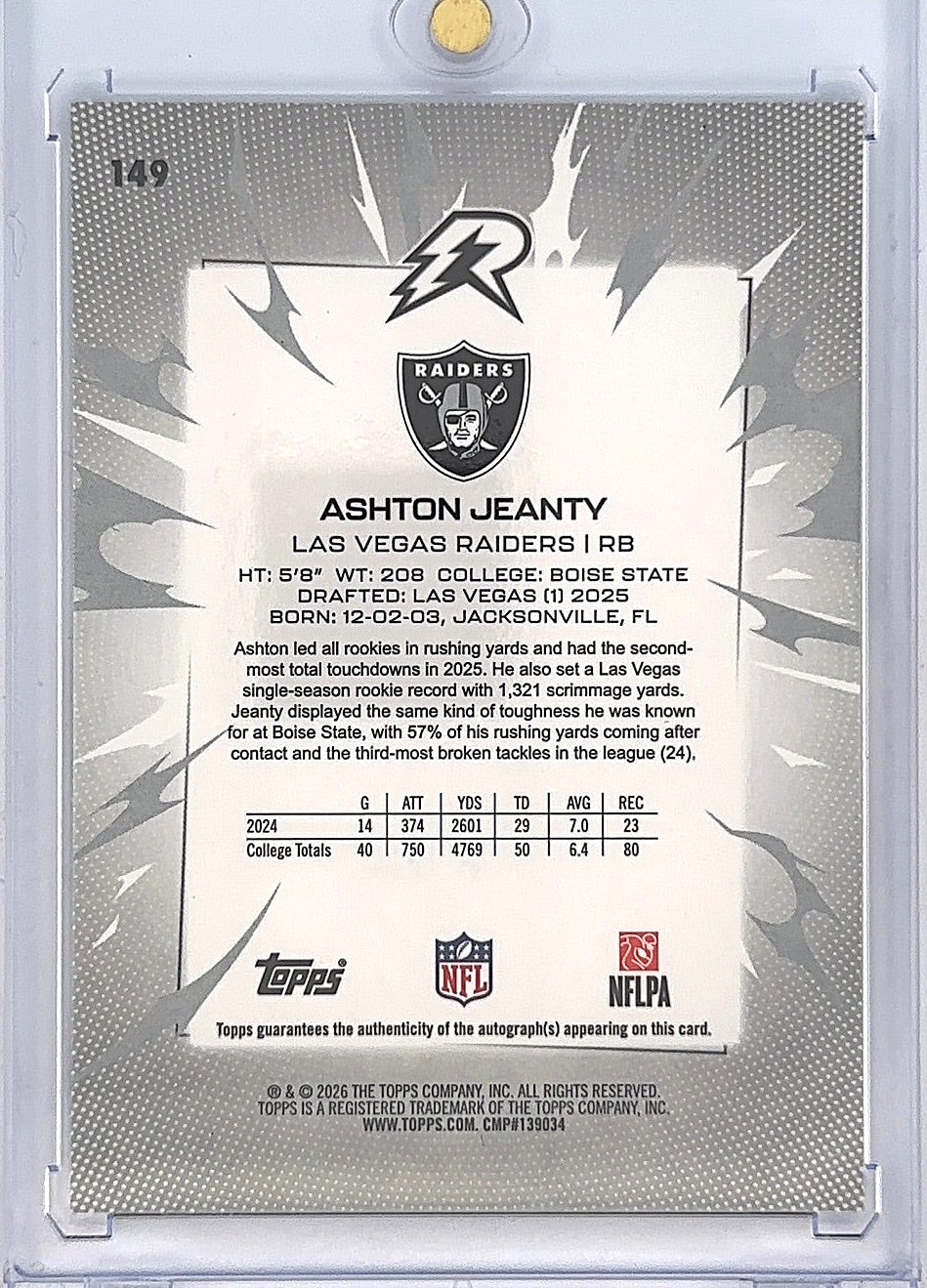 Ashton Jeanty #149 72/99 Autograph Issue — back