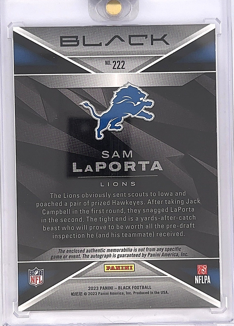 2023 Panini Black Sam LaPorta [Patch Autograph Citrine] #222 — back