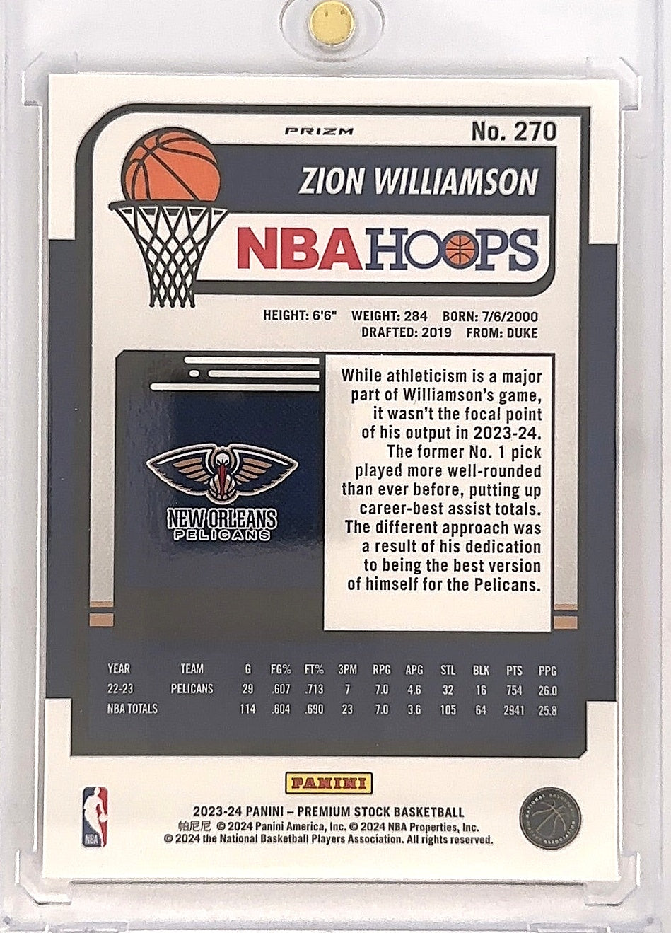 2023 Panini Hoops Premium Stock Zion Williamson [Tiger Prizm] #270 — back