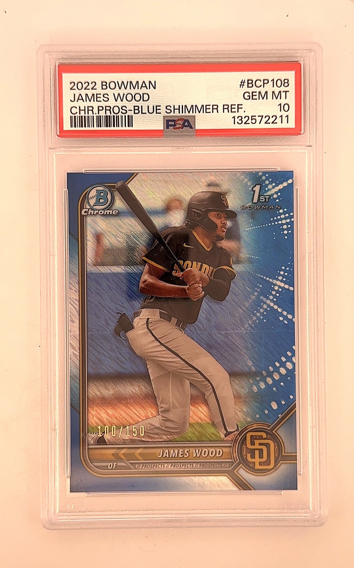 2022 Bowman Chrome Prospects James Wood [Blue Shimmer Refractor] #BCP-108 PSA 10 — front