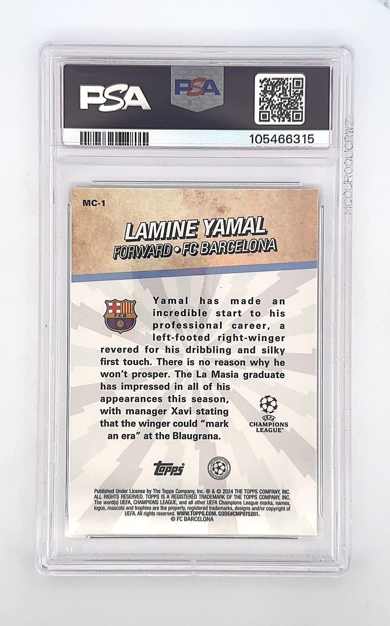 Lamine Yamal Topps Merlin Chosen One RC PSA GEM MT 10 — back