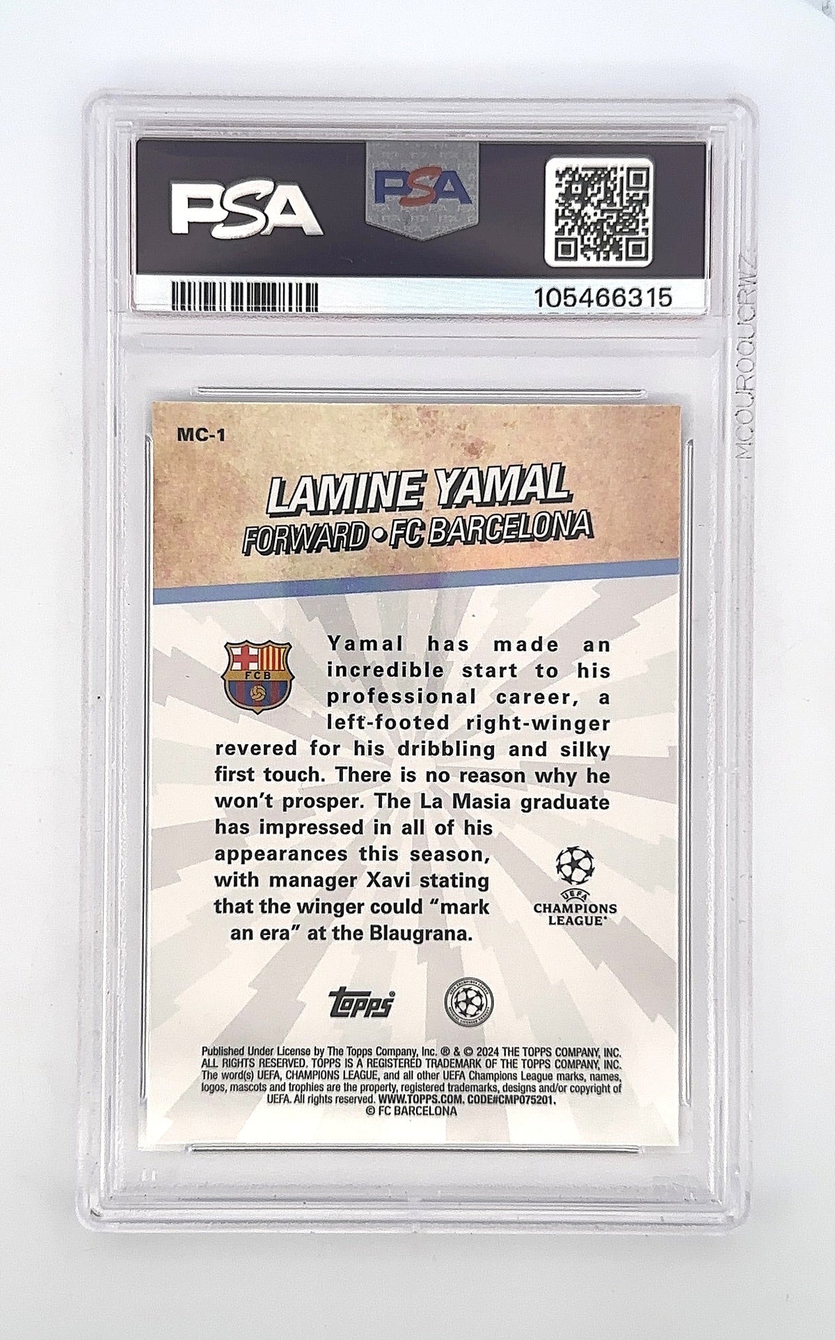 Lamine Yamal Topps Merlin Chosen One RC PSA GEM MT 10 — back