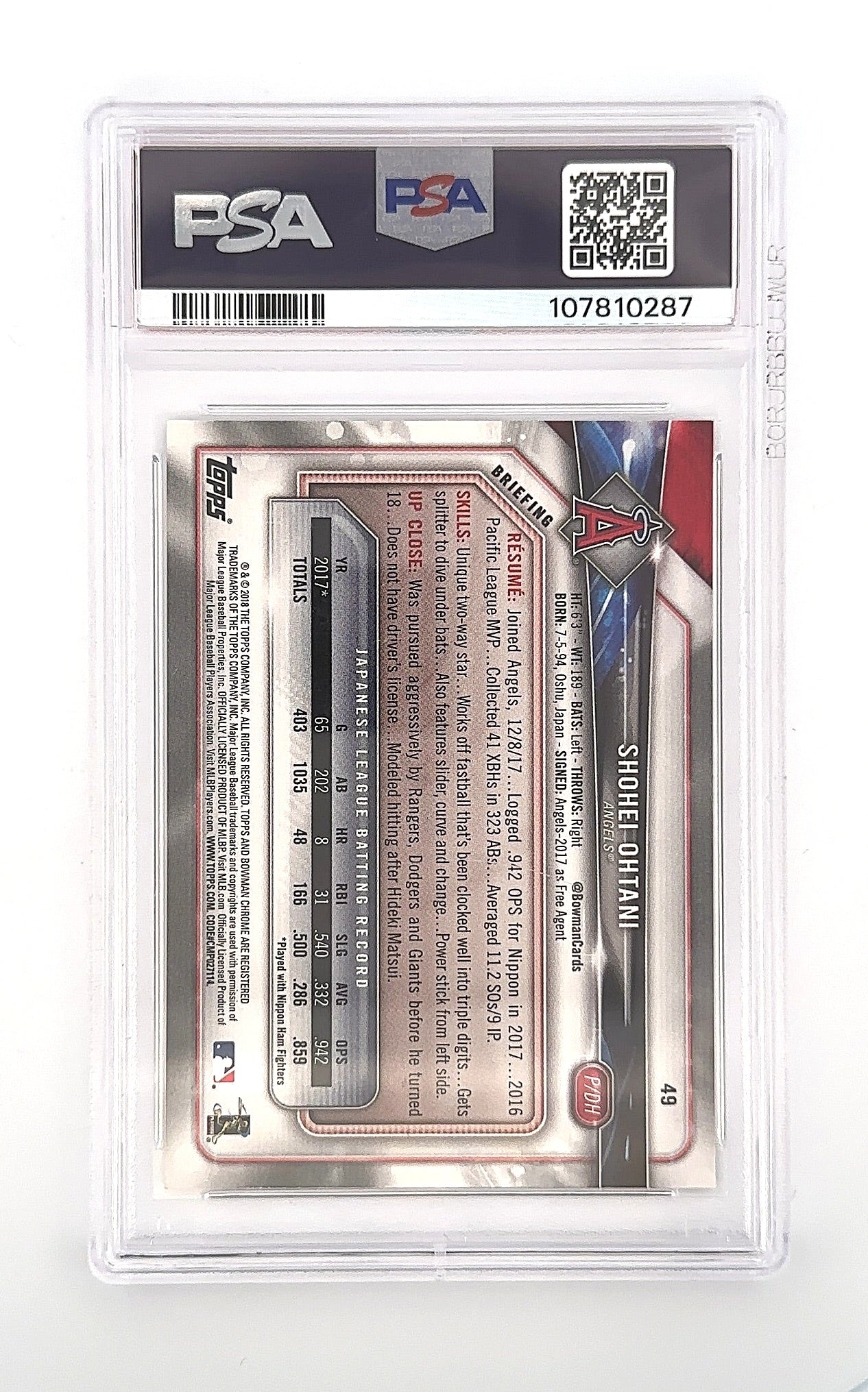 2018 Bowman Shohei Ohtani #49 PSA 9 — back