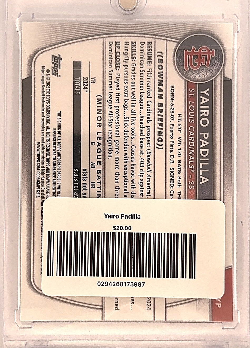 2025 Bowman Chrome Prospect Autograph Yairo Padilla #CPA-YP — back