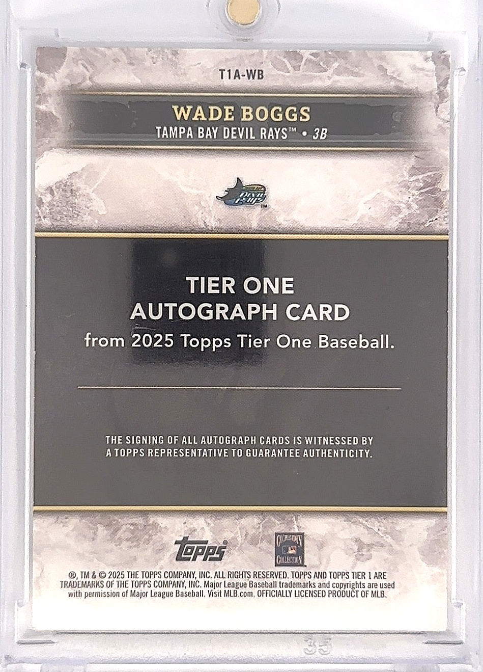 2025 Topps Tier One Tier 1 Autograph Wade Boggs /25 [Holo Platinum Blue Foil] #T1A-WB — back