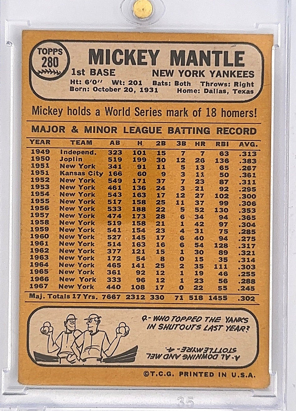 1968 Topps Mickey Mantle #280 — back