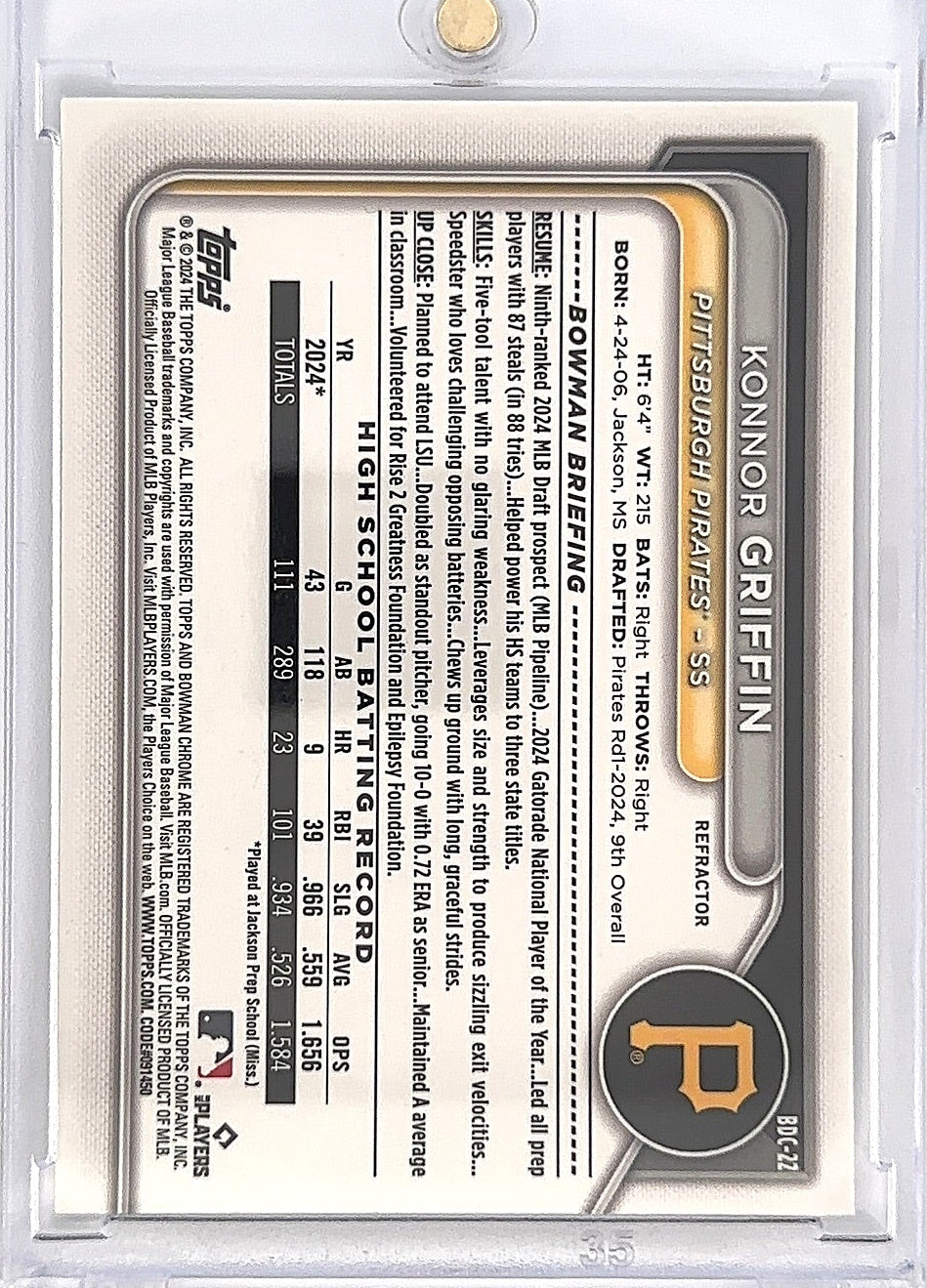 2024 Bowman Draft Chrome Konnor Griffin [Refractor] #BDC-22 [Left Corner Ding] — back