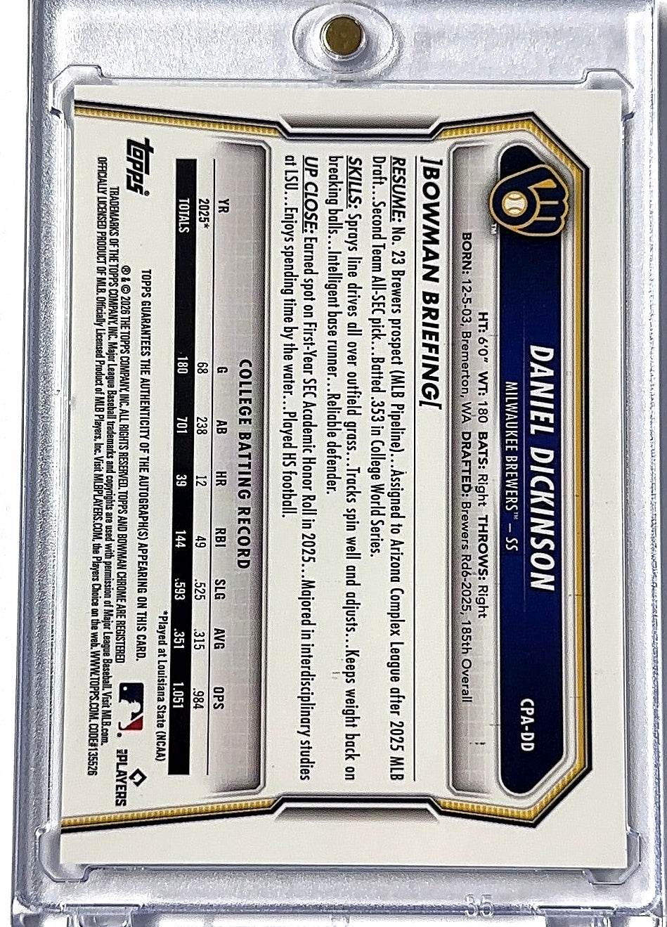 2026 Bowman Chrome Prospect Autograph Daniel Dickinson [Green Reptilian Refractor] #CPA-DD AUTO — back