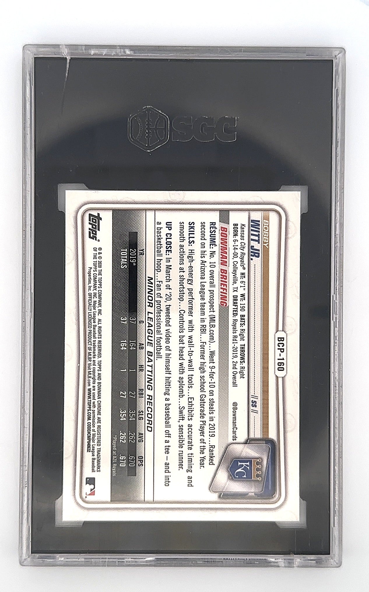 2020 Bowman Chrome Prospects Bobby Witt Jr. #BCP-160 SGC Gem Mint 10 — back