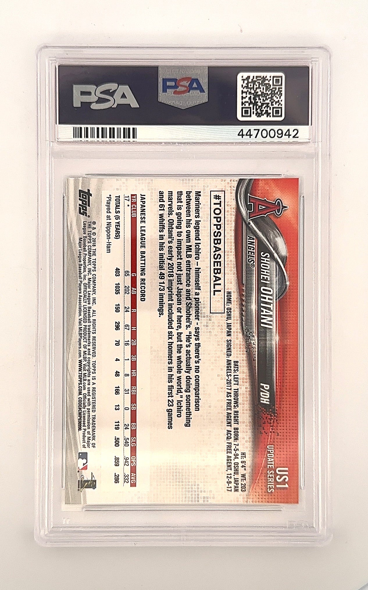2018 Topps Shohei Ohtani RC GEM MT 10 PSA GEM MT 10 — back