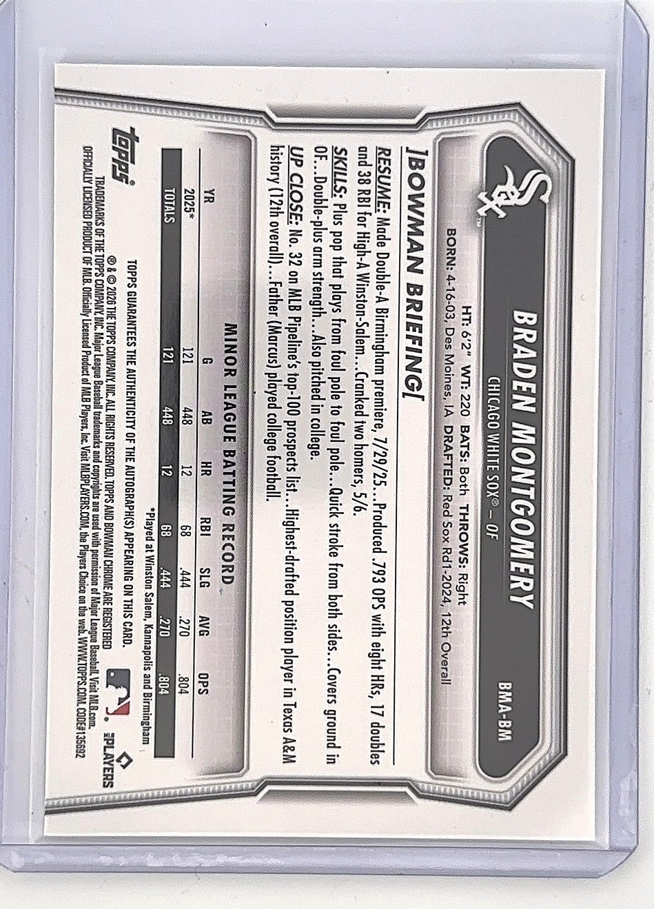 2026 Bowman Prospect Mega Autograph Braden Montgomery [Mojo] #BMA-BM — back