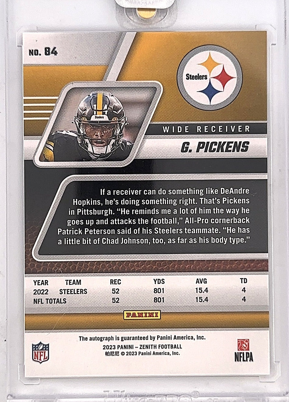 2023 Panini Zenith Autograph George Pickens /199 — back