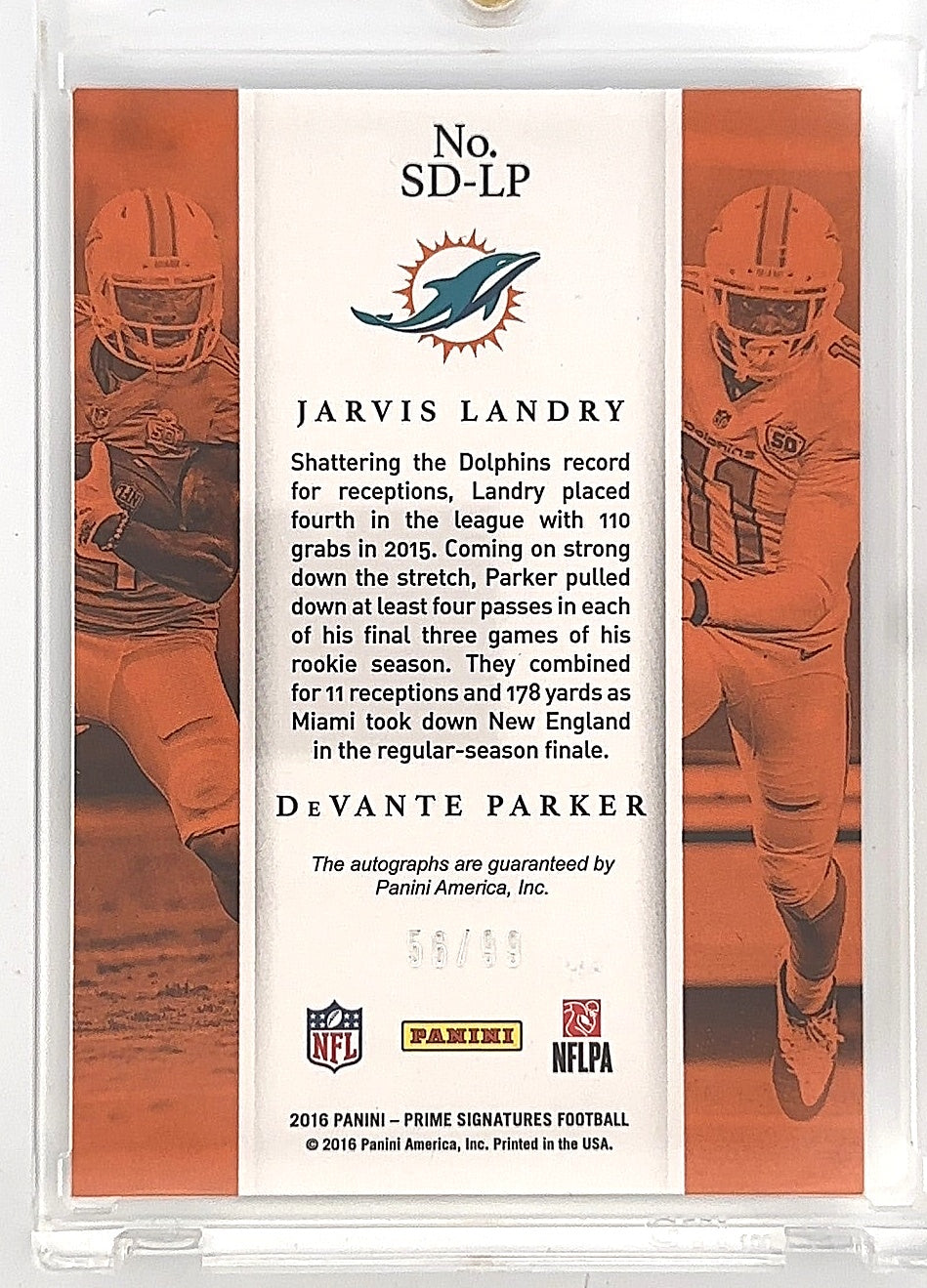 2016 Panini Prime Signatures Dual 56/99 Devante Parker Jarvis Landry #SD-LP Auto — back