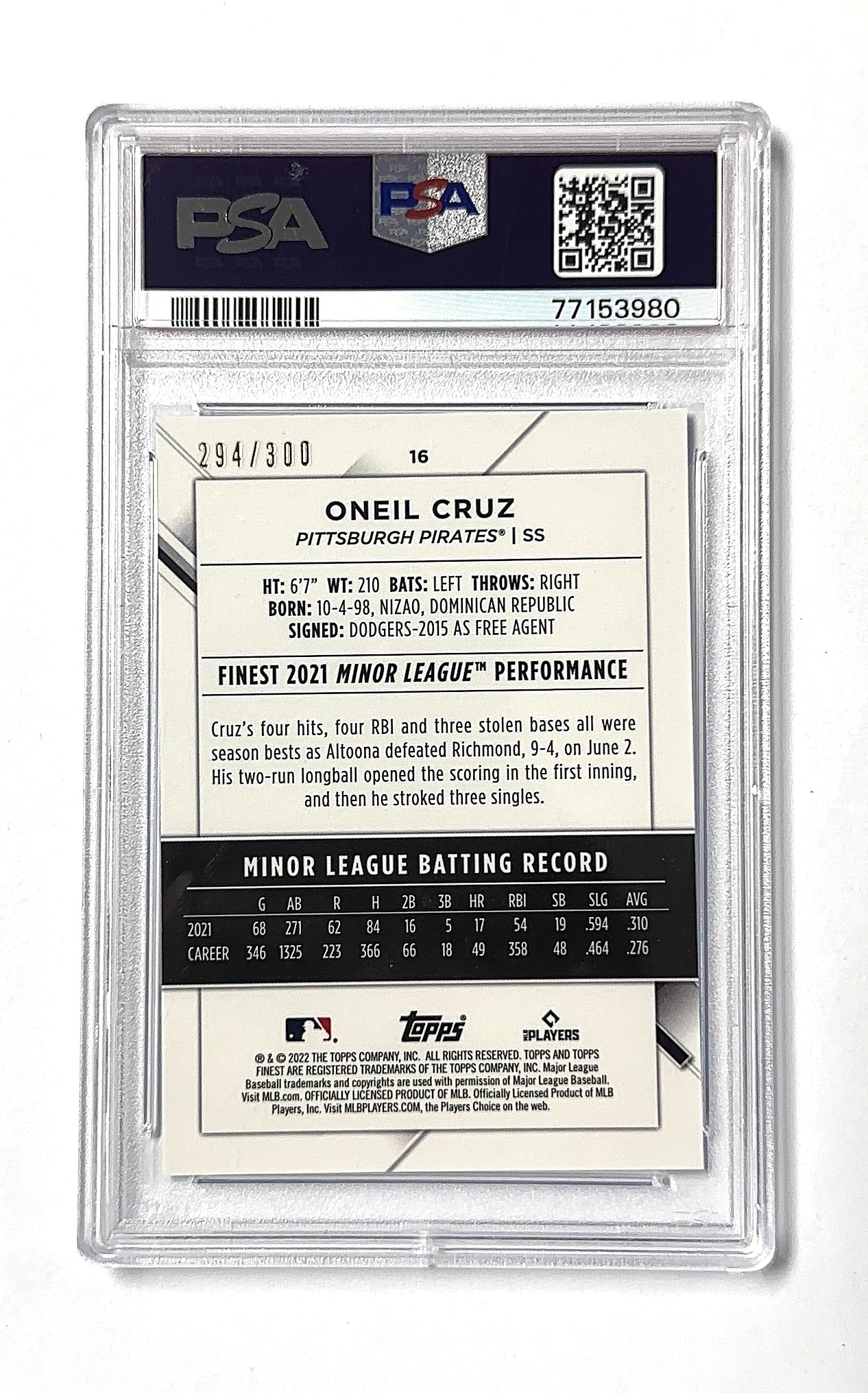 2022 Topps Finest Oneil Cruz [Sky Blue Refractor] #16 RC PSA 9 — back