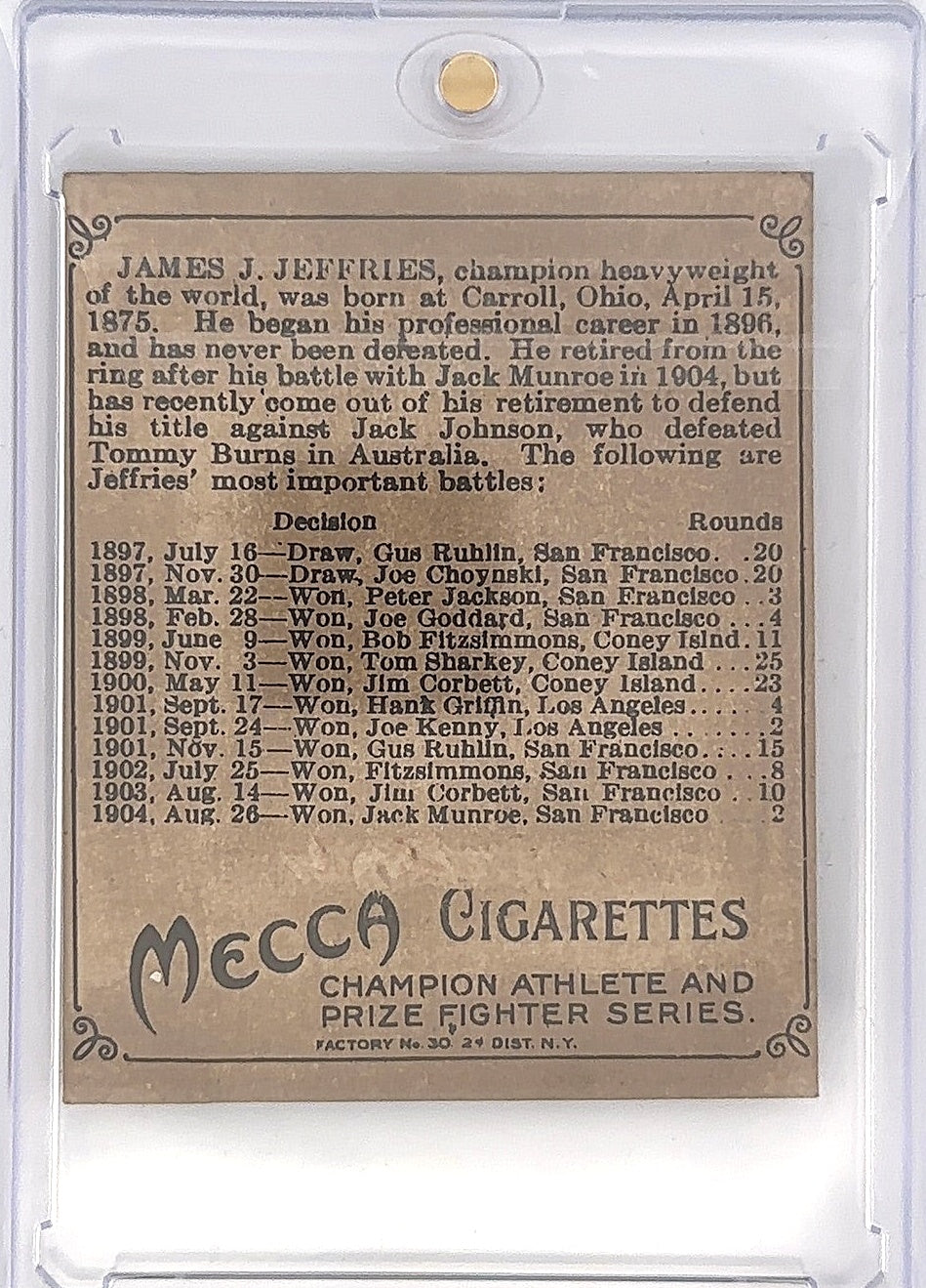 James J Jeffries 1910 Mecca Champion Athlete and Prize Fighter Series — back