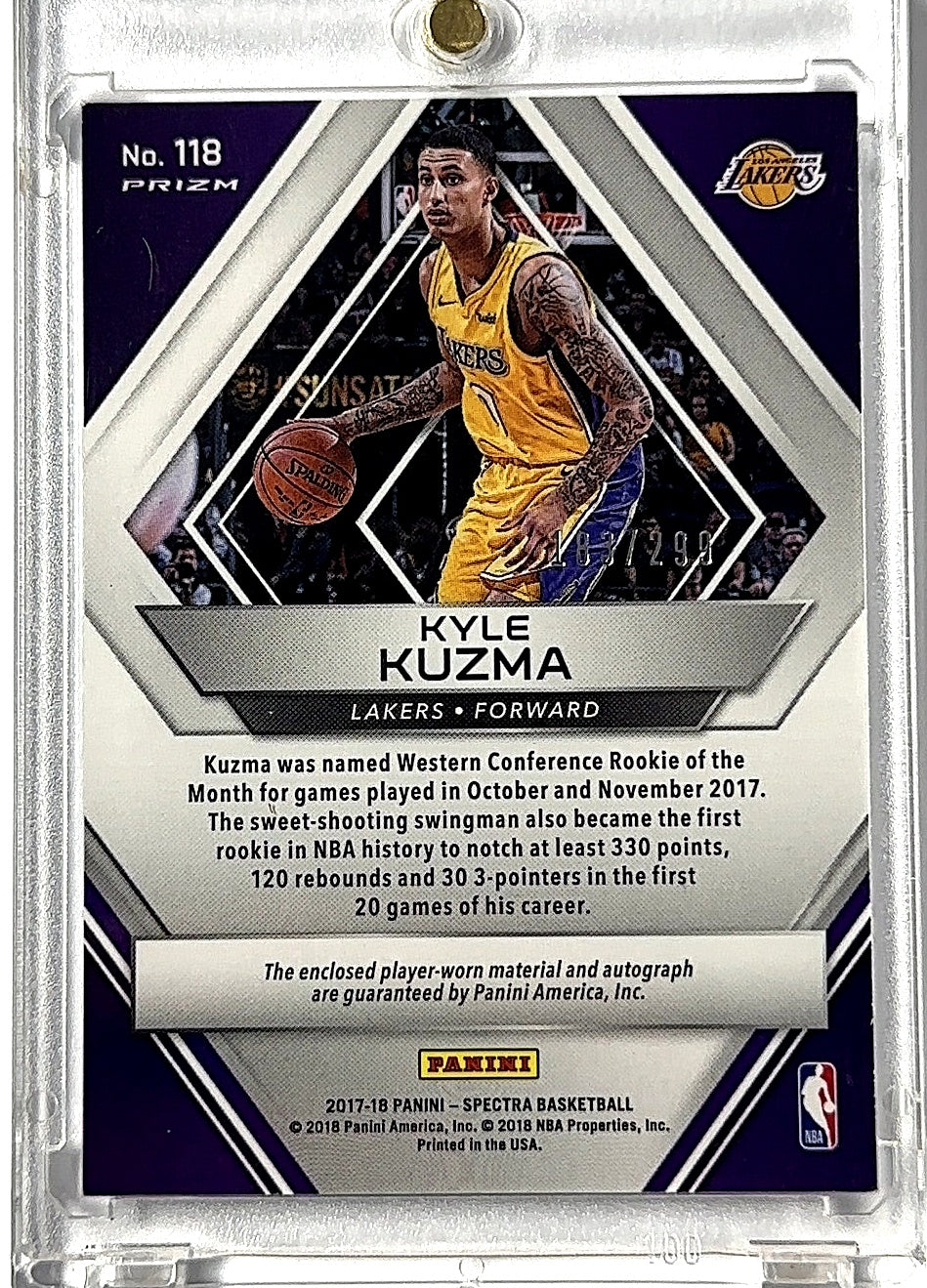 2017 Panini Spectra Kyle Kuzma [Autograph Jersey] #118 RC AUTO — back