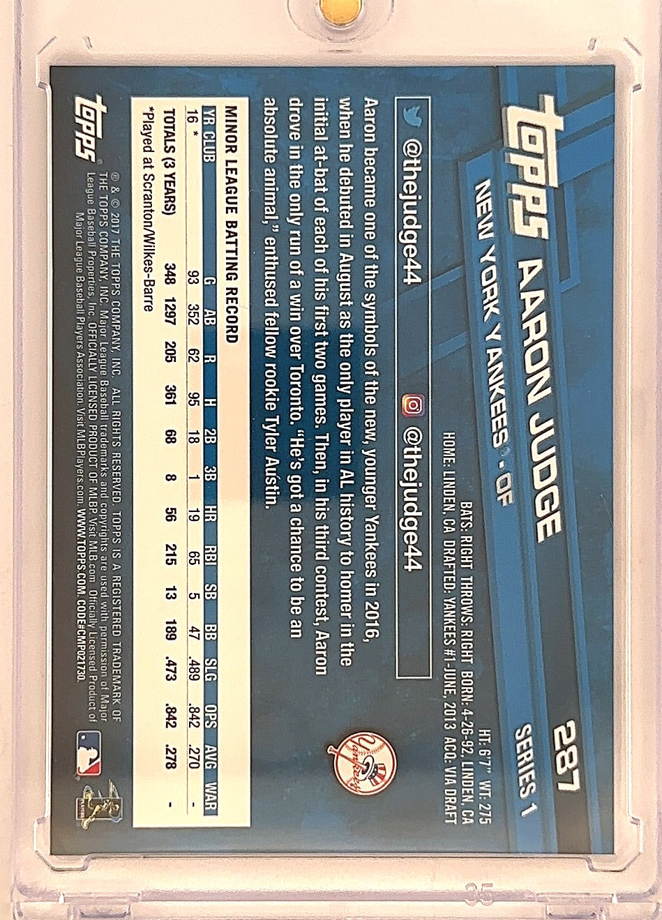 2017 Topps Aaron Judge #287 — back