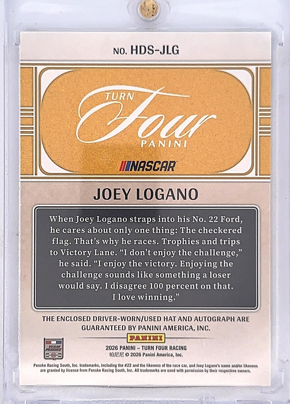 Joey Logano Turn Four 01/25 Autograph — back