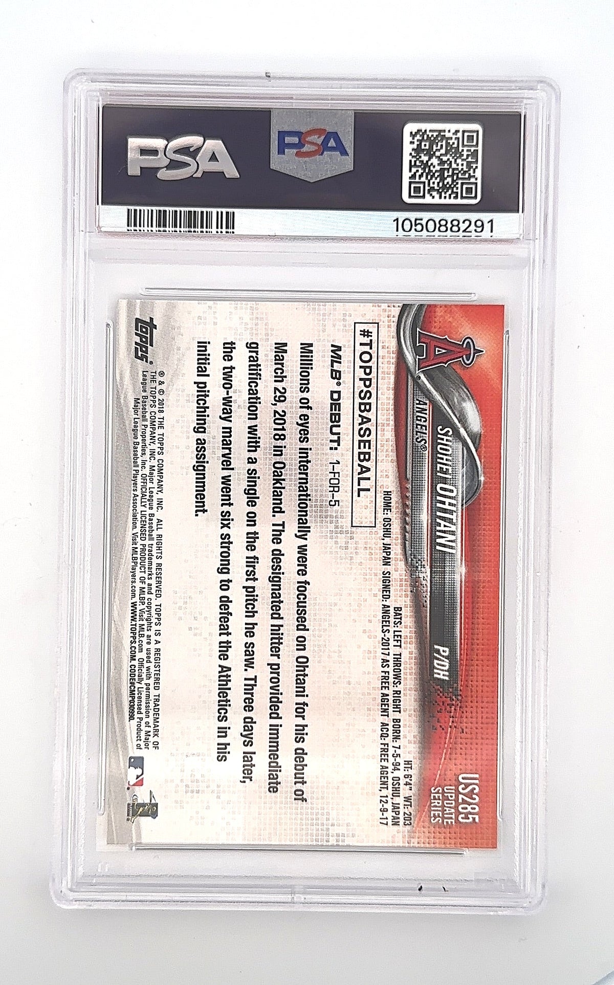 2018 Topps Update Shohei Ohtani #US285 PSA 10 — back