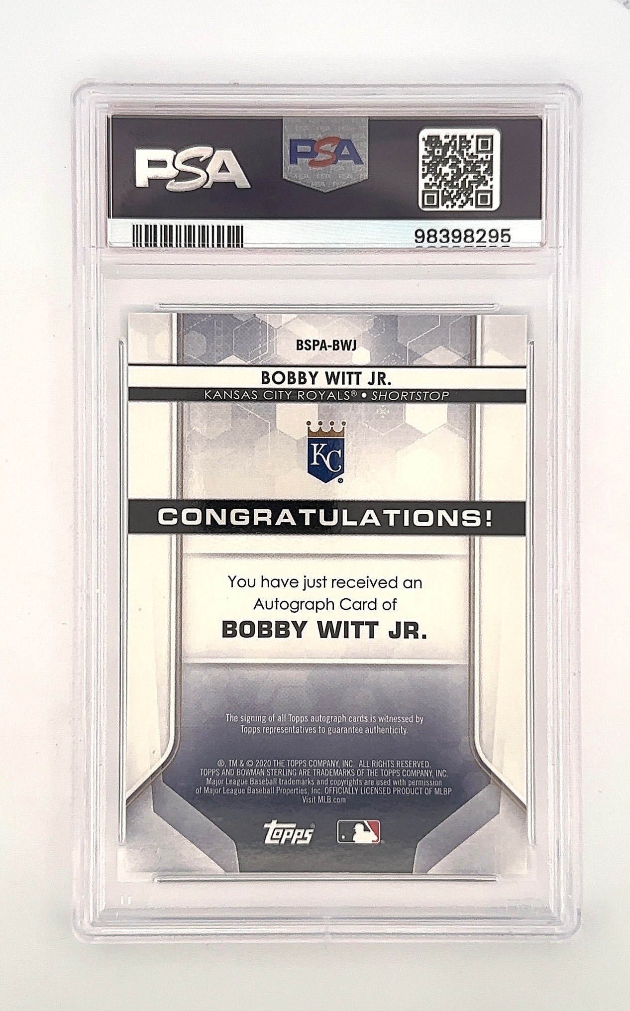 2020 Bowman Sterling Prospect Autographs Bobby Witt Jr. #BWJ PSA 9 — back