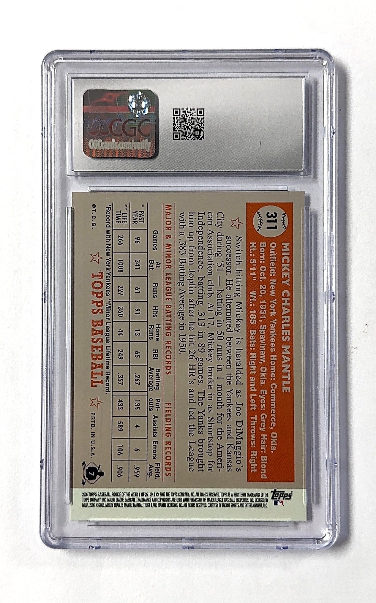 2006 Topps Rookie of the Week Mickey Mantle #1 CGC 10 — back